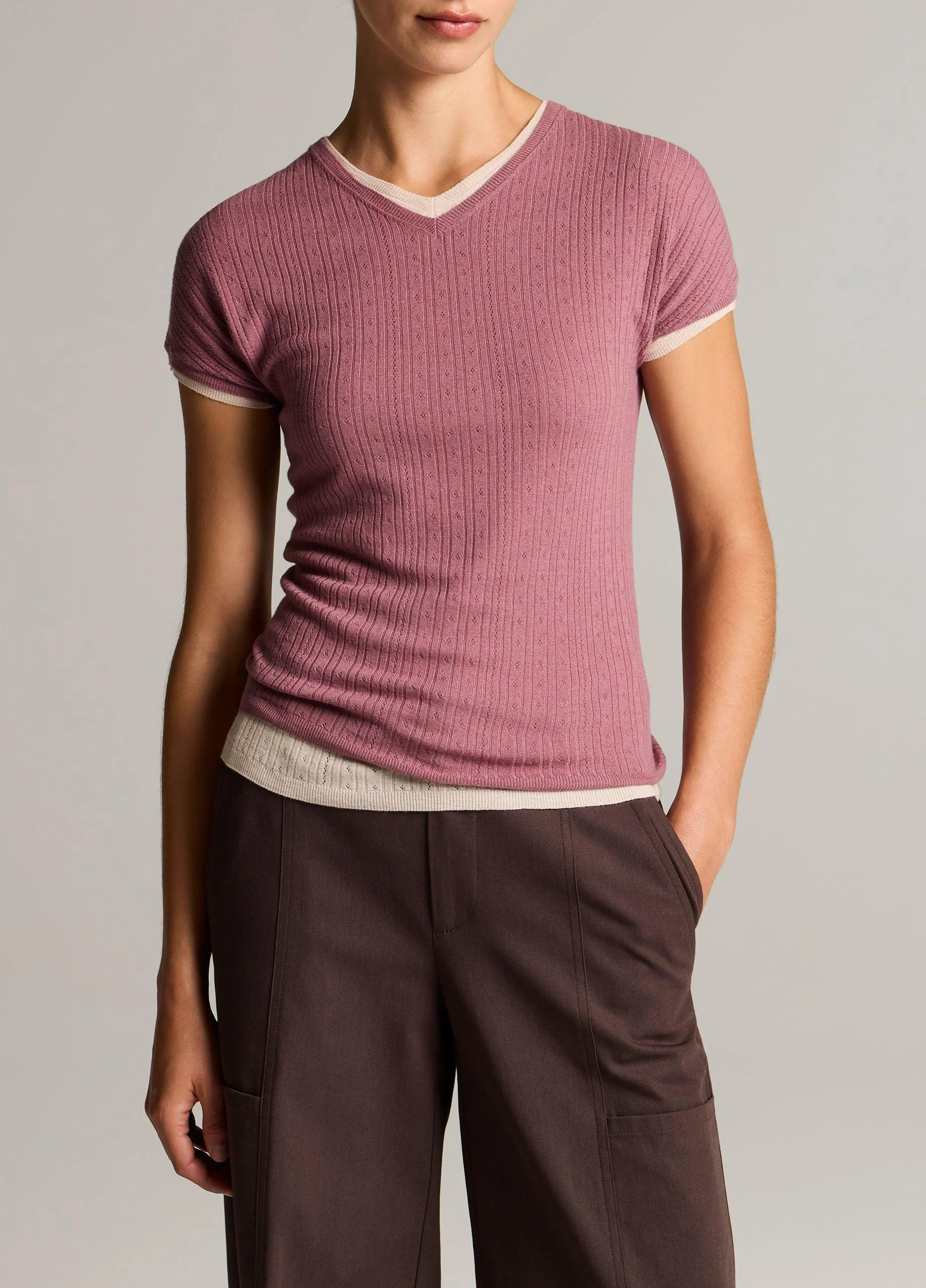 Pointelle Wool Short-Sleeve Sweater - 1