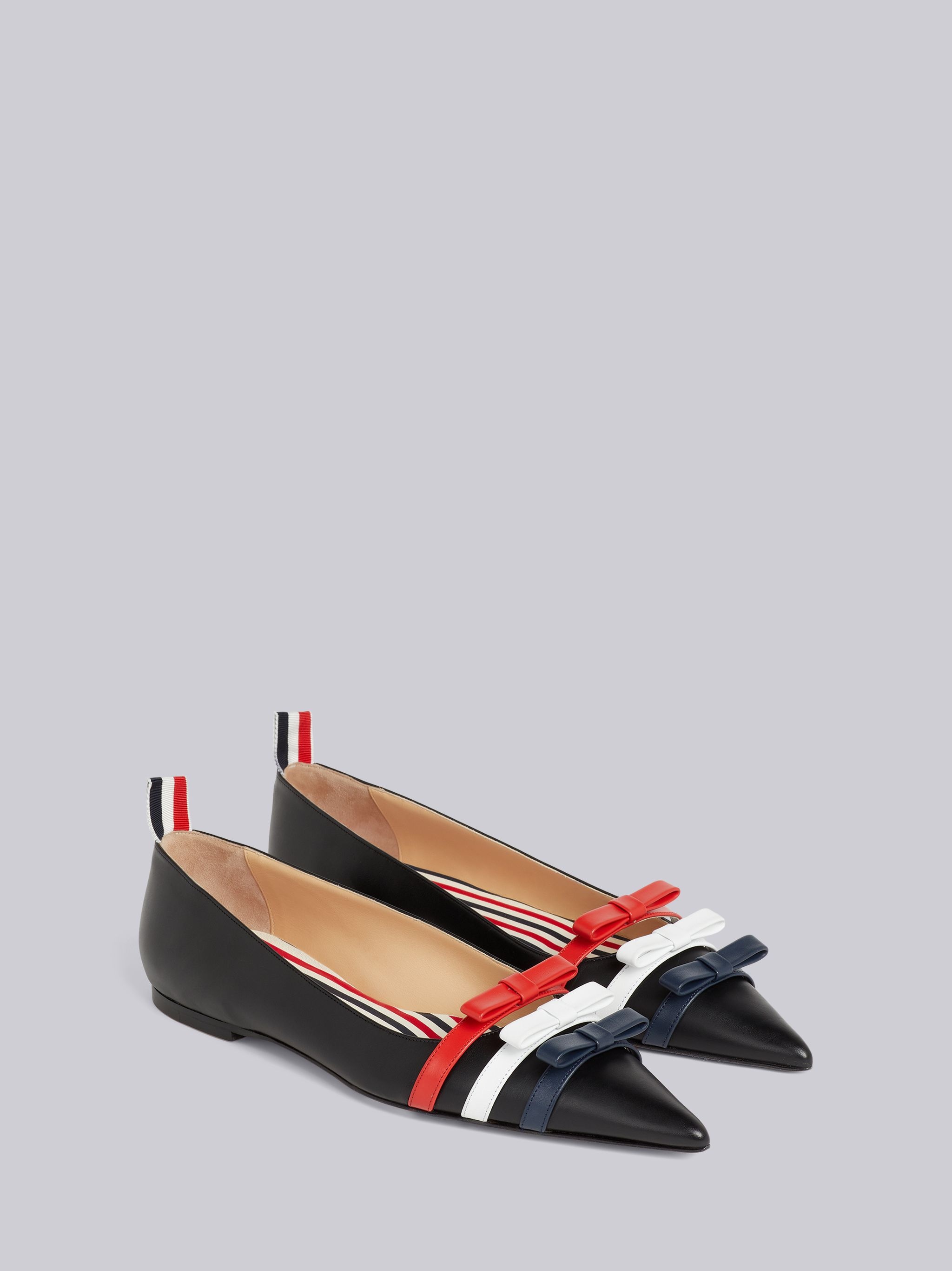 Black Vitello Calf Leather Three Bow Pointed Toe Ballerina Flat - 3
