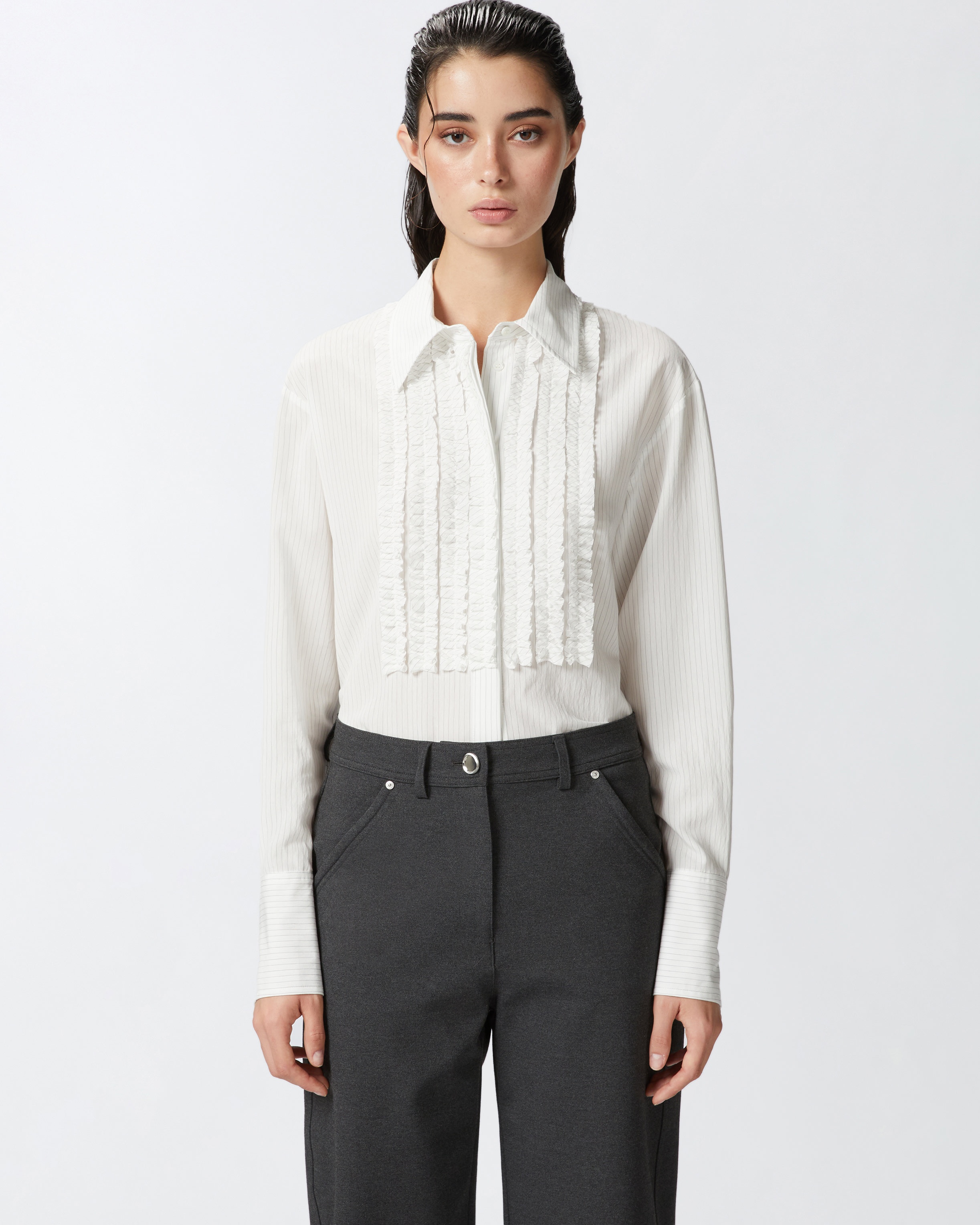 PINSTRIPED SHIRT WITH FRONT RUFFLES - 2