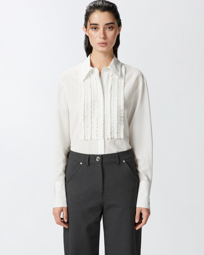 PINKO PINSTRIPED SHIRT WITH FRONT RUFFLES outlook