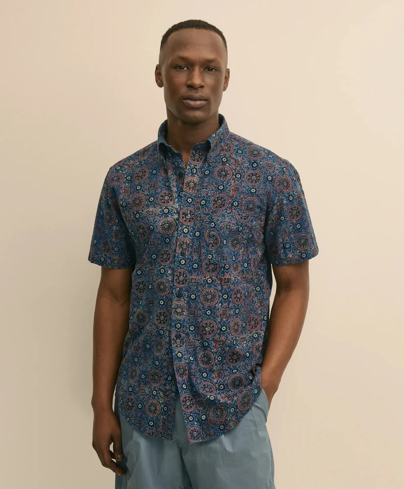 Cotton Block Mosaic Print Button-Down Collar, Short-Sleeve Shirt - 1