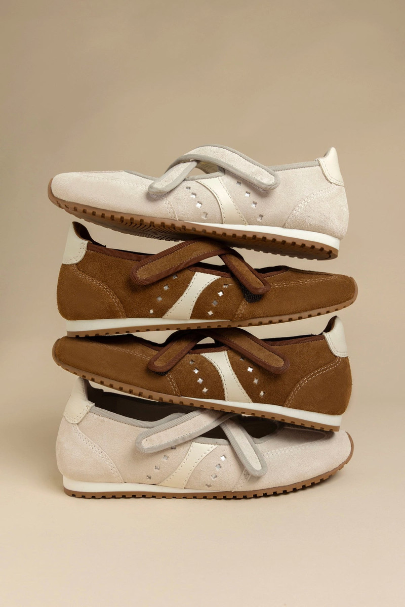Stella Ballerina Flat In Mushroom Grey Suede and Ivory Leather 5