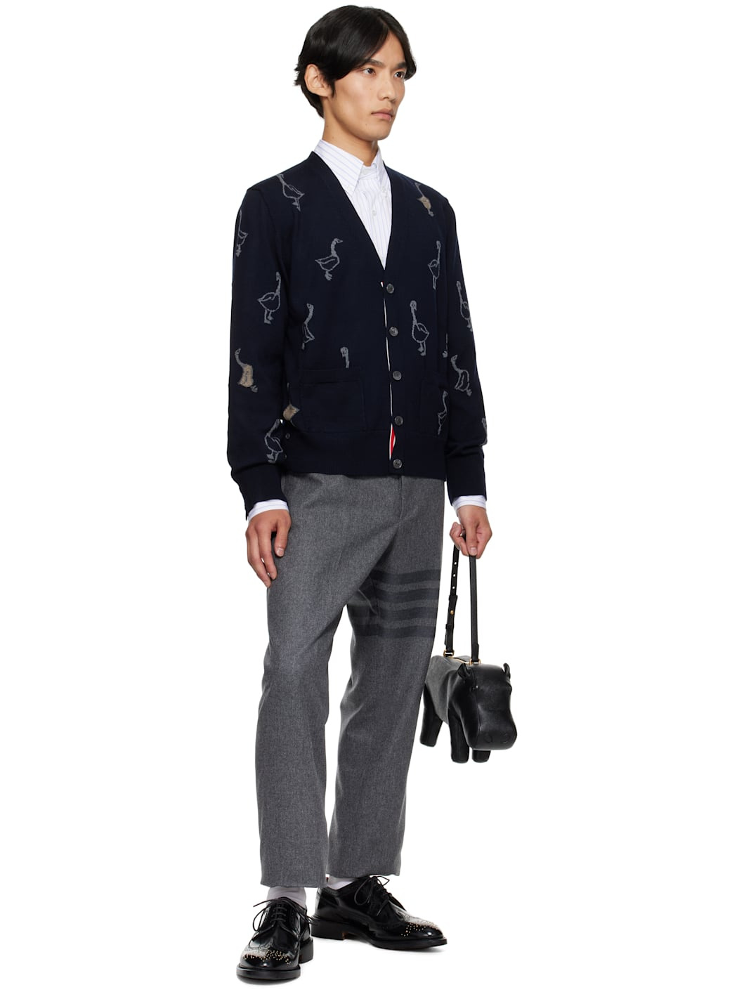 Navy Geese Intarsia Merino Relaxed Fit Cardigan - 4
