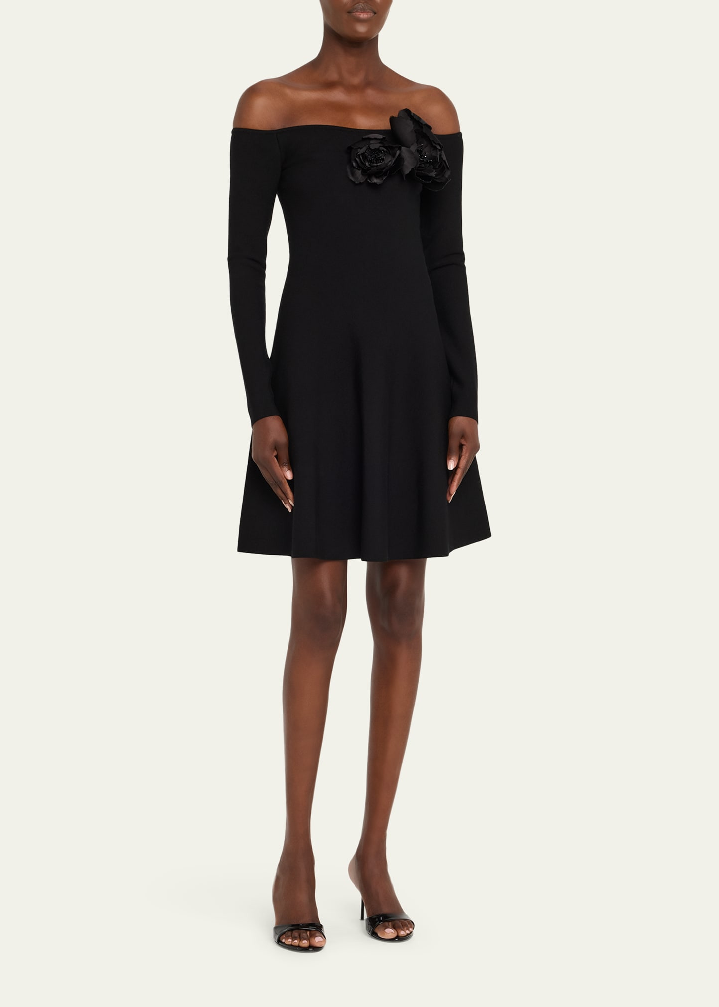 Off-The-Shoulder Flower Applique Long-Sleeve Knit Mini Dress - 4
