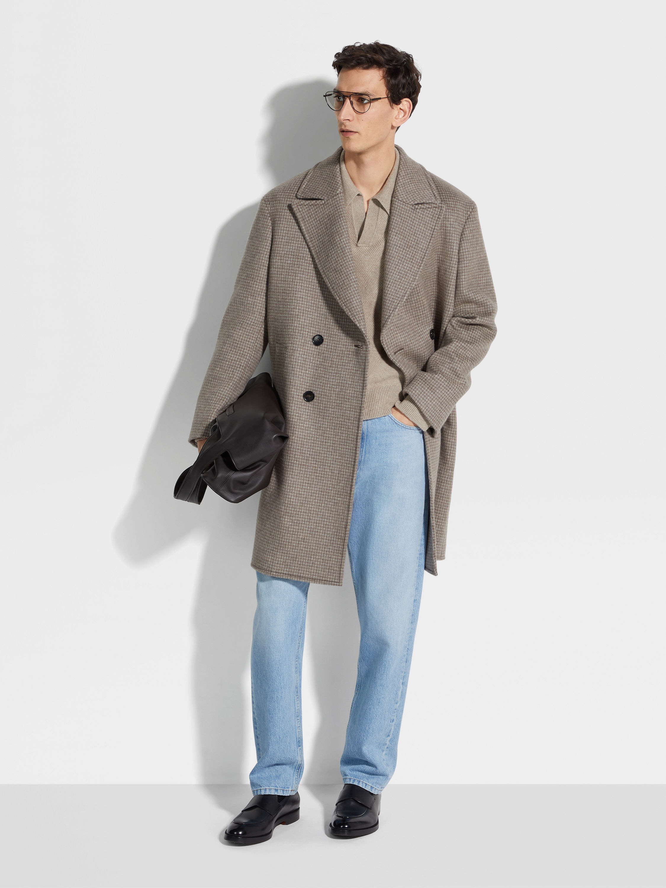 TAUPE AND GREY CASHMERE AND WOOL BLEND OVERCOAT - 2
