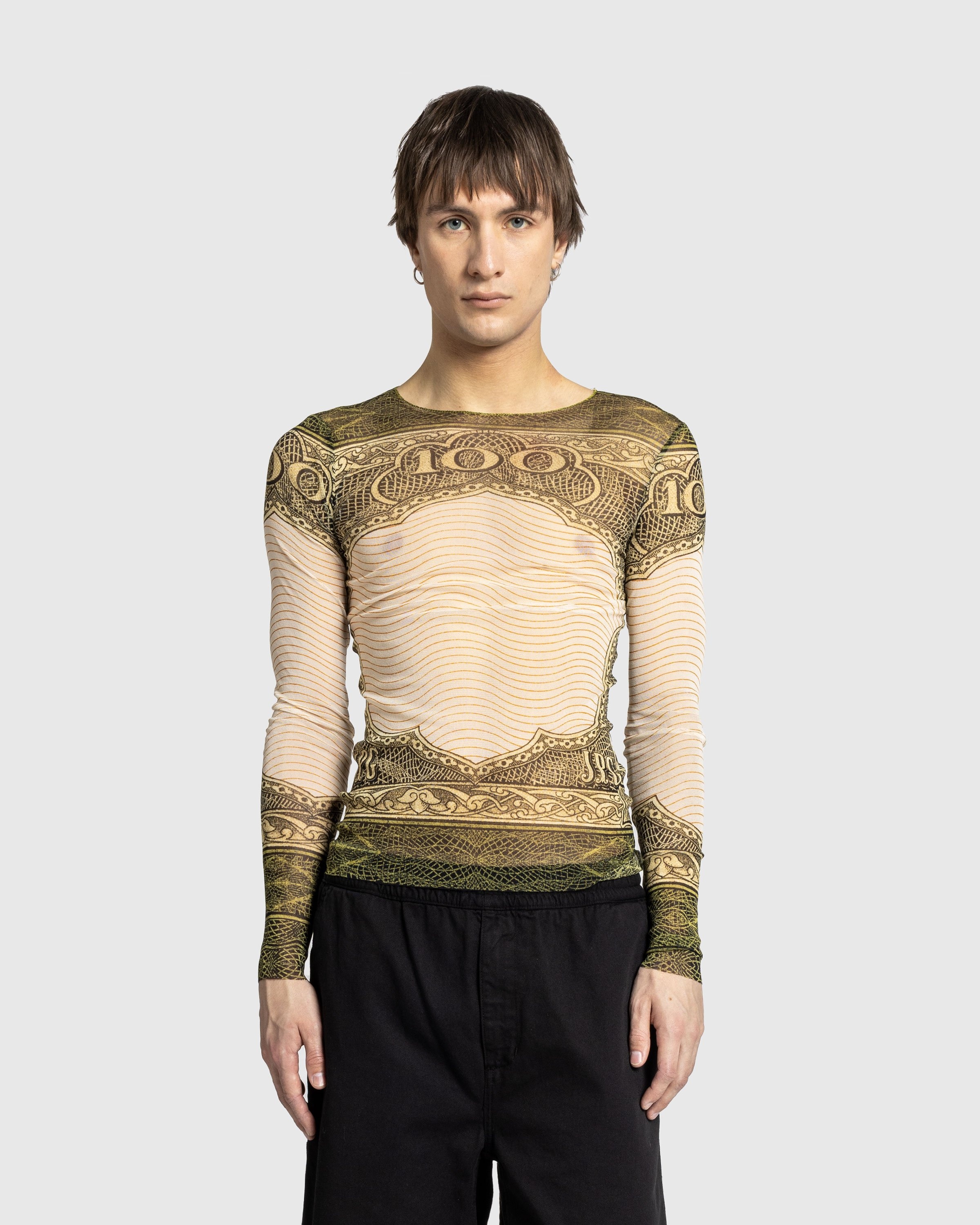 Jean Paul Gaultier – Long-Sleeve Mesh Top Printed Cartouche Green/Ecru/Black/Orange - 2