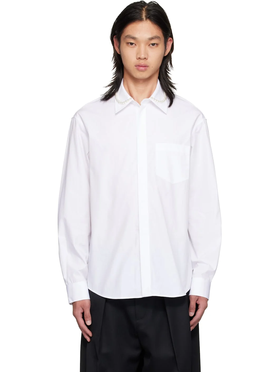 White Beaded Classic Concealed Button Shirt - 1