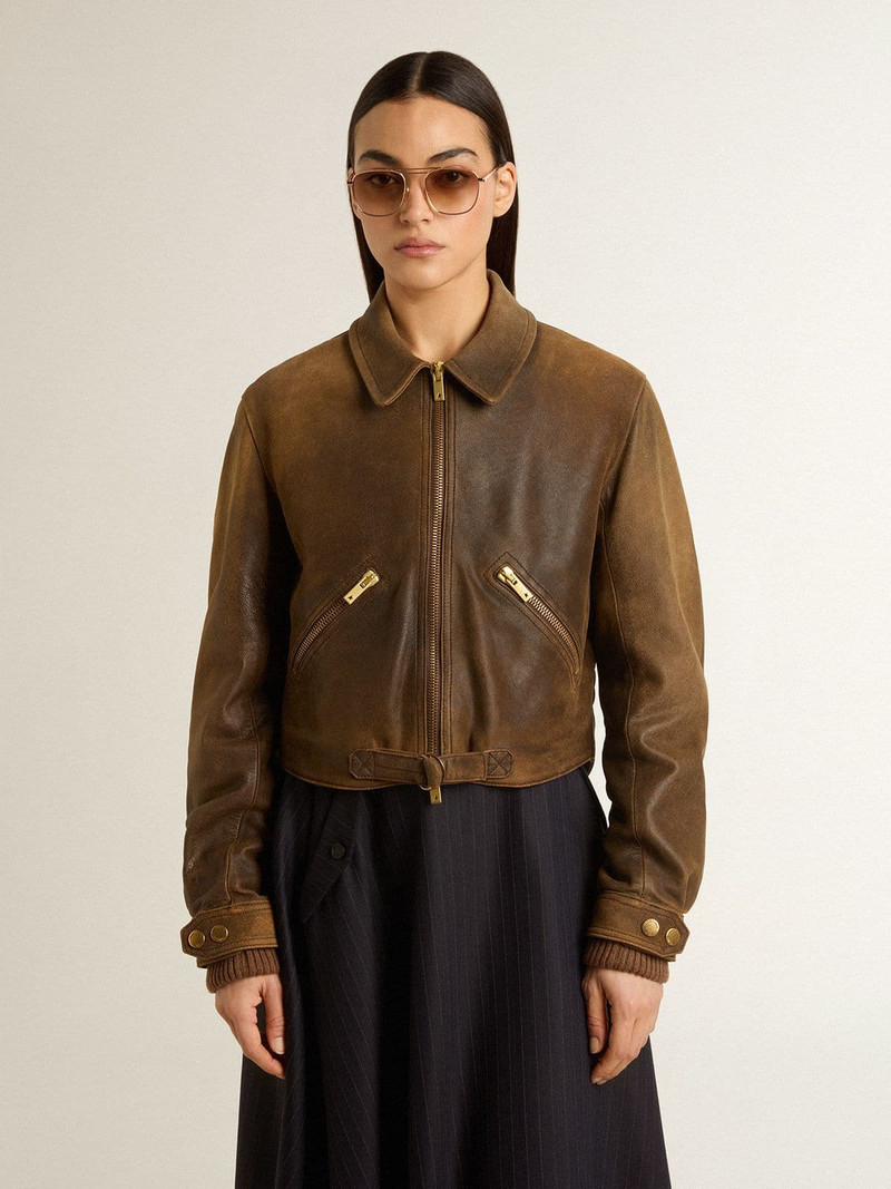 Golden Goose Women’s cropped brown leather biker jacket with zip outlook