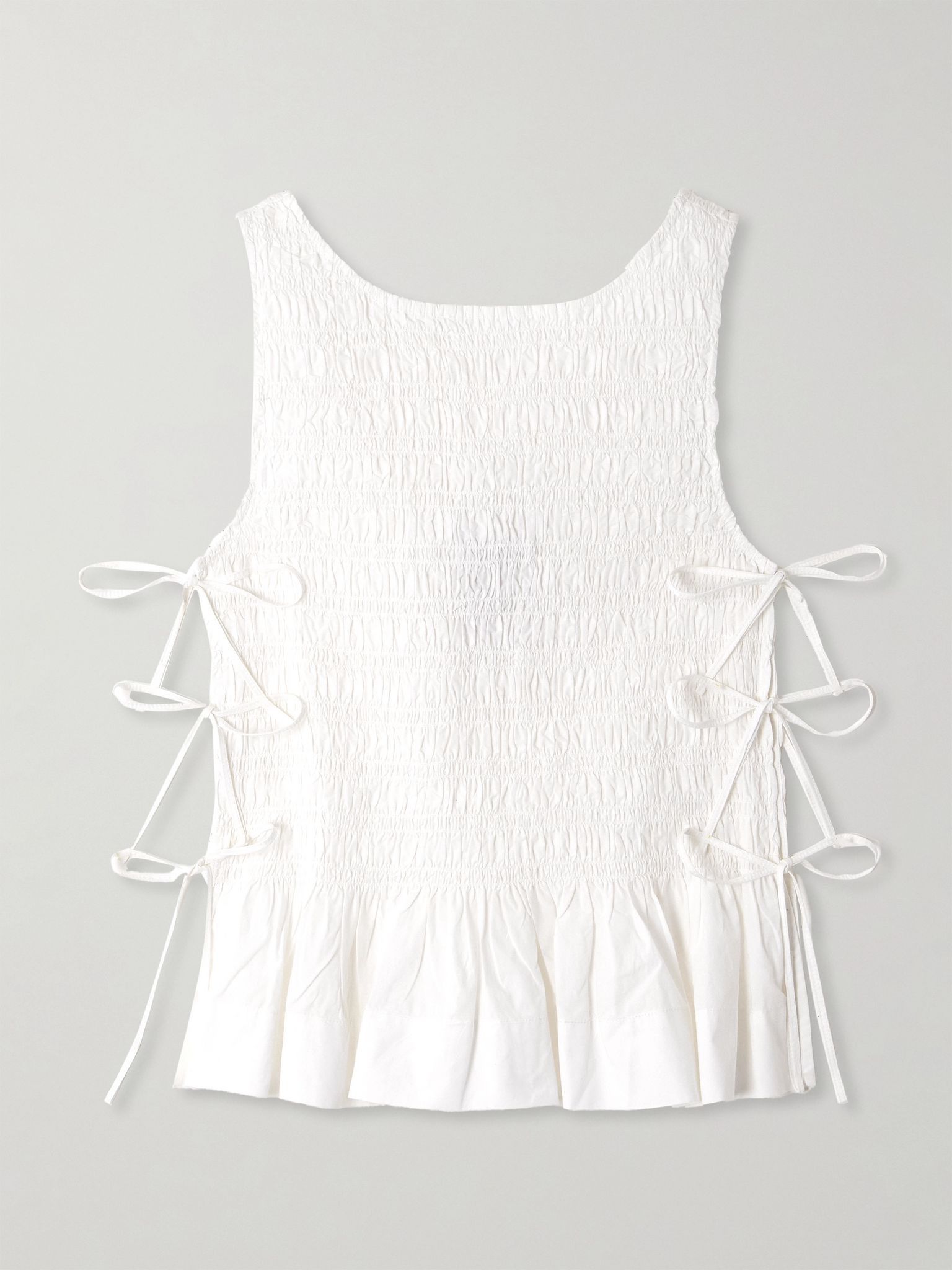 Tie-detailed ruffled shirred organic cotton-poplin tank White - 1