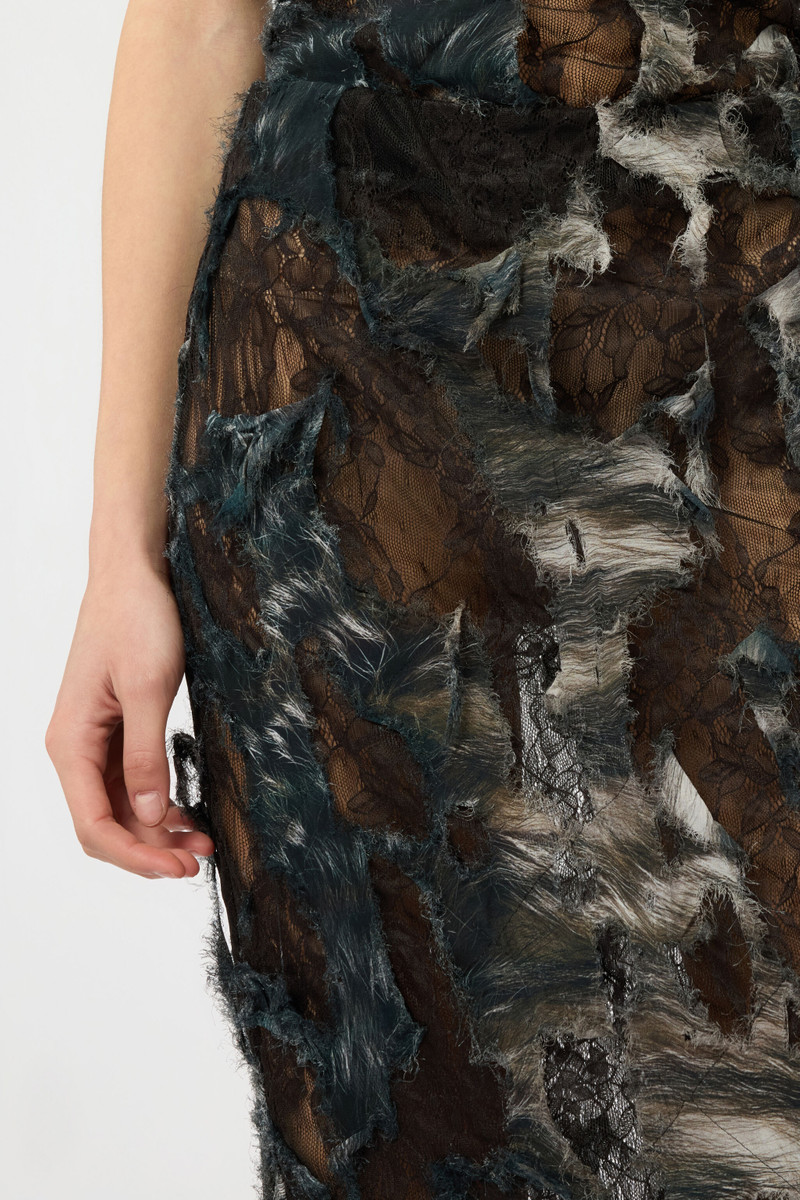 Skirt with Fur Print on Destroyed-Effect Lace 5