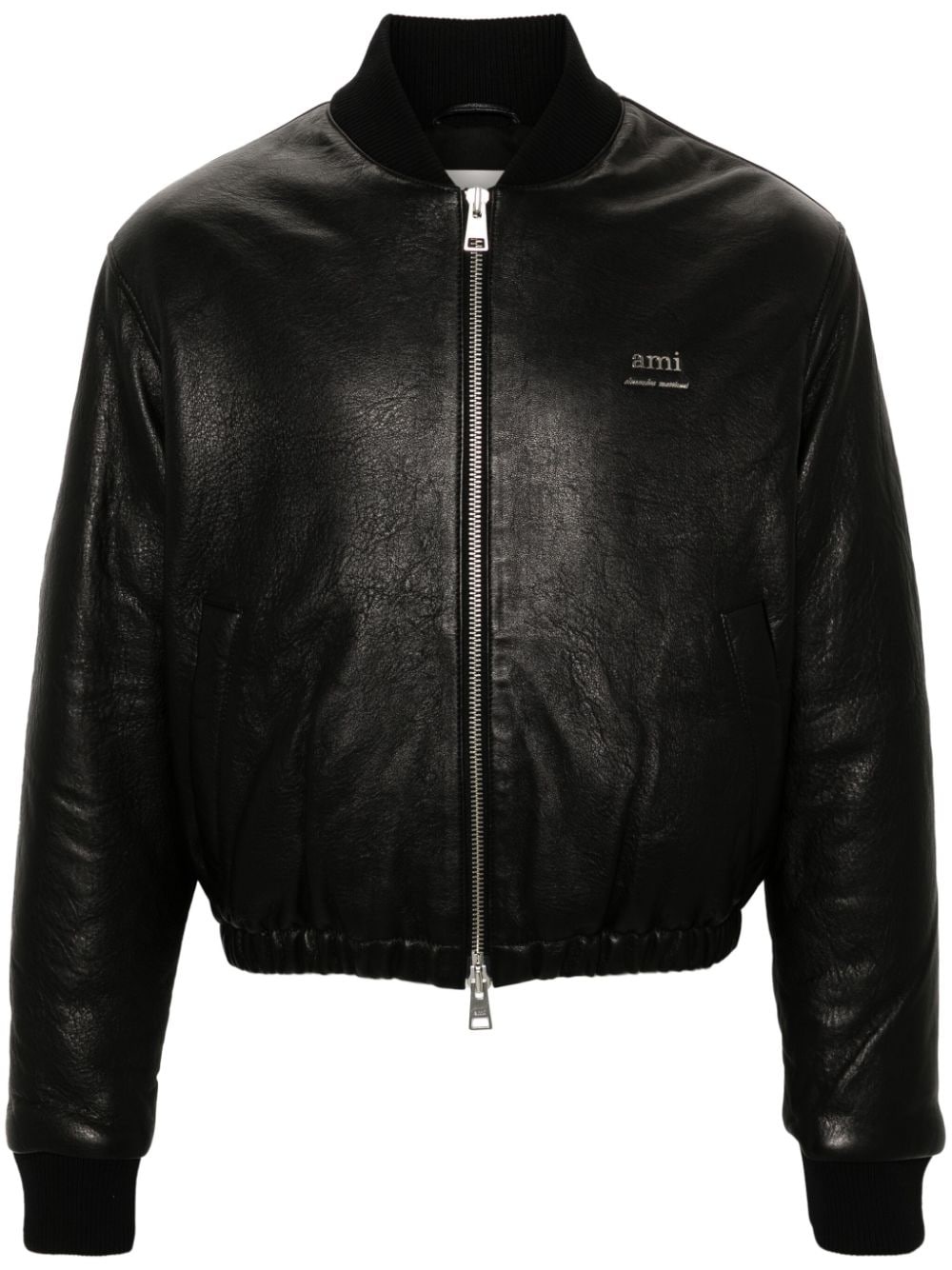 logo-plaque leather jacket - 1