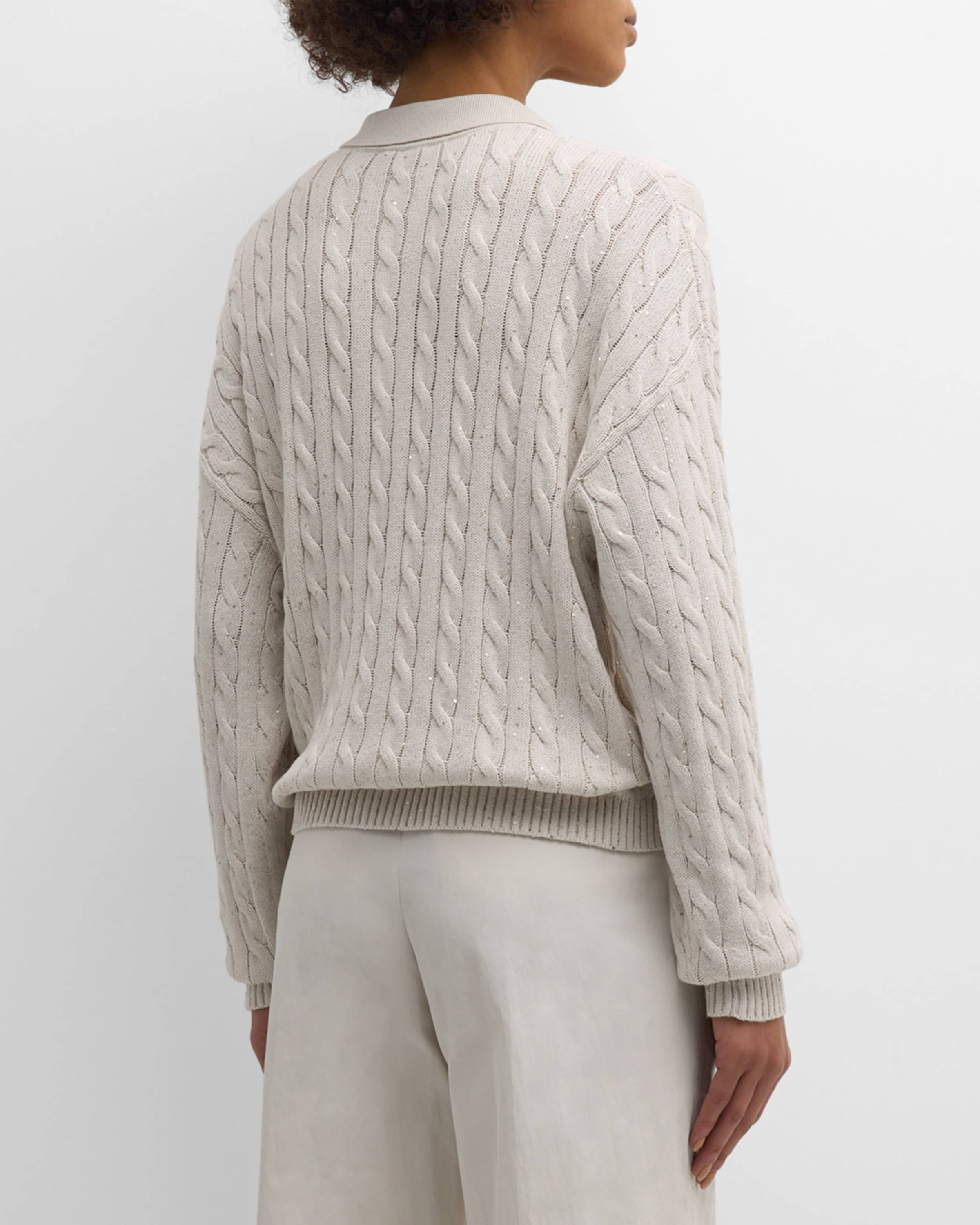 Cotton Diamante Cable Knit Polo Sweater - 4