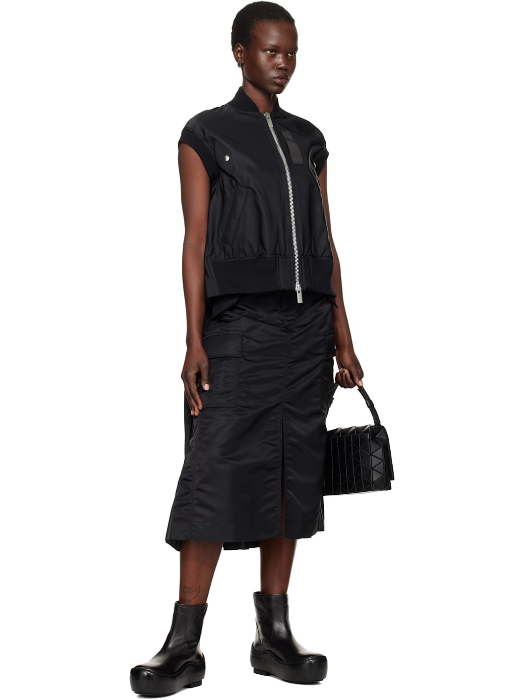 Black Nylon Twill Midi Skirt - 4