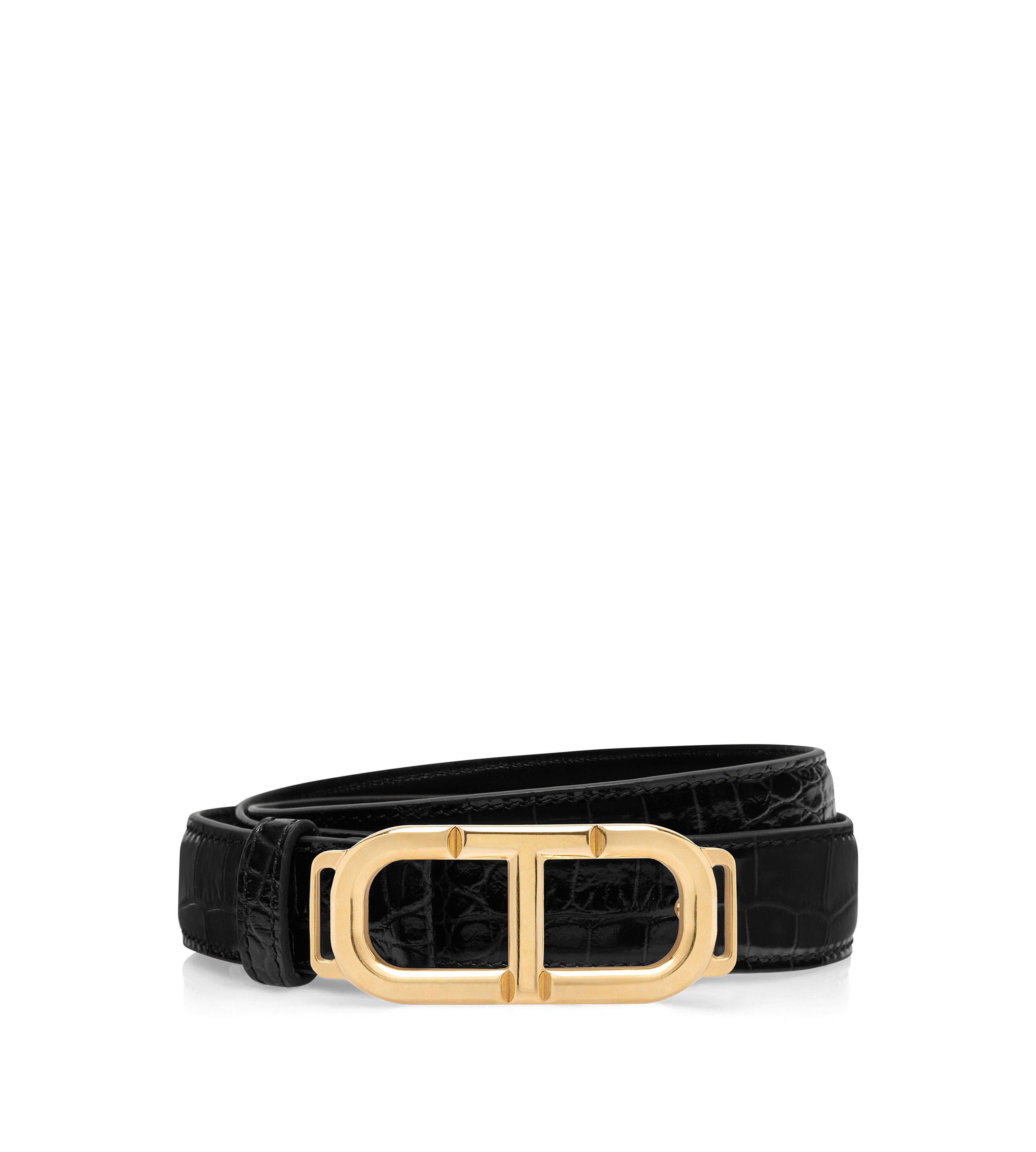 SHINY STAMPED CROCODILE LEATHER WHITNEY BELT - 1