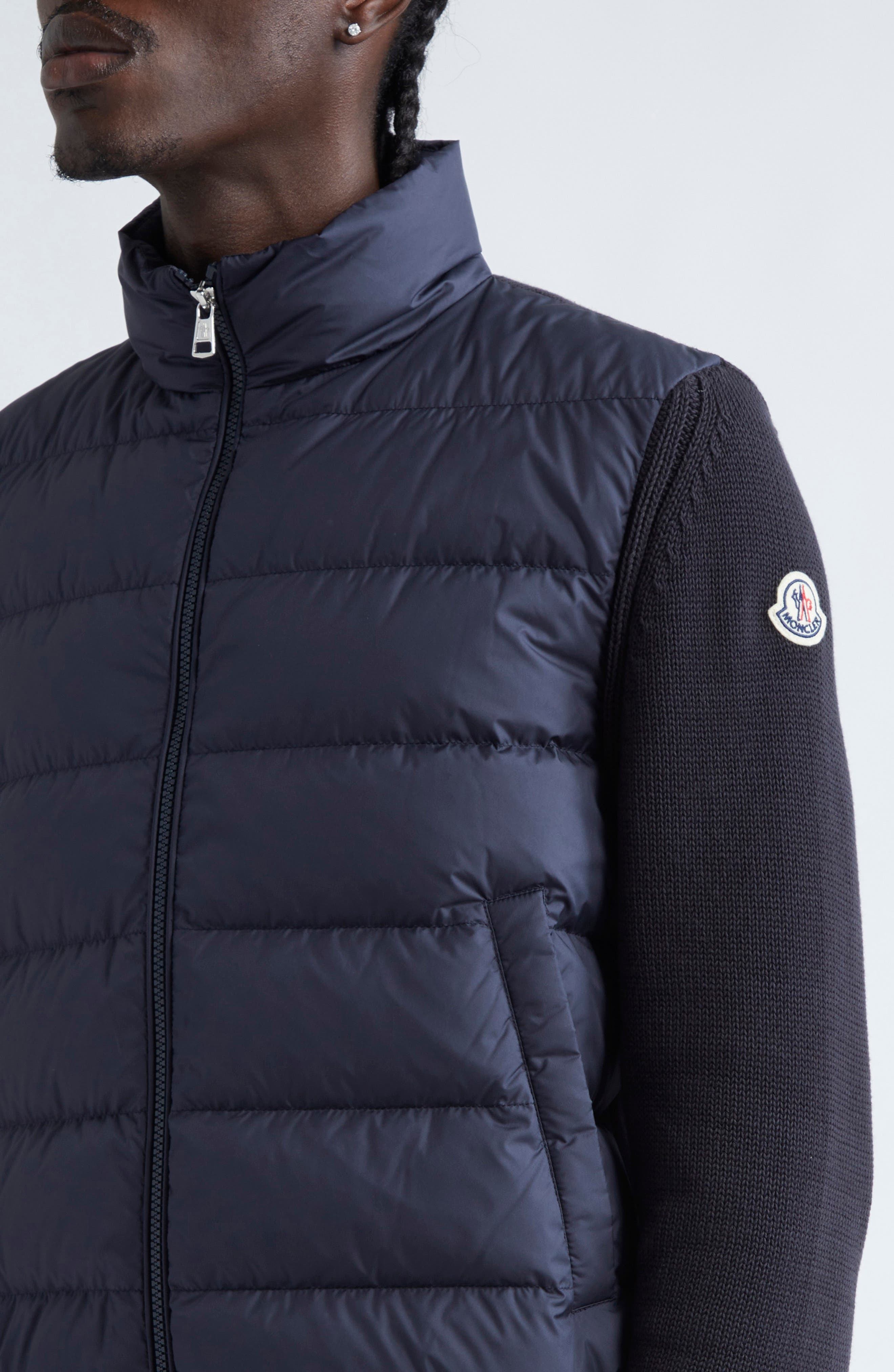 Moncler Quilted Down & Cotton Knit Cardigan in Blue at Nordstrom - 4