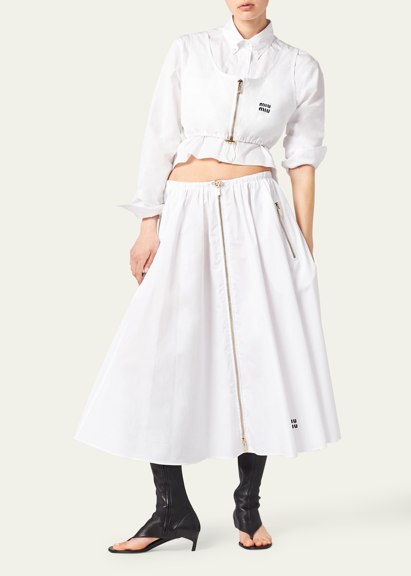 Popeline Drawstring Zip-Front Midi Skirt - 2
