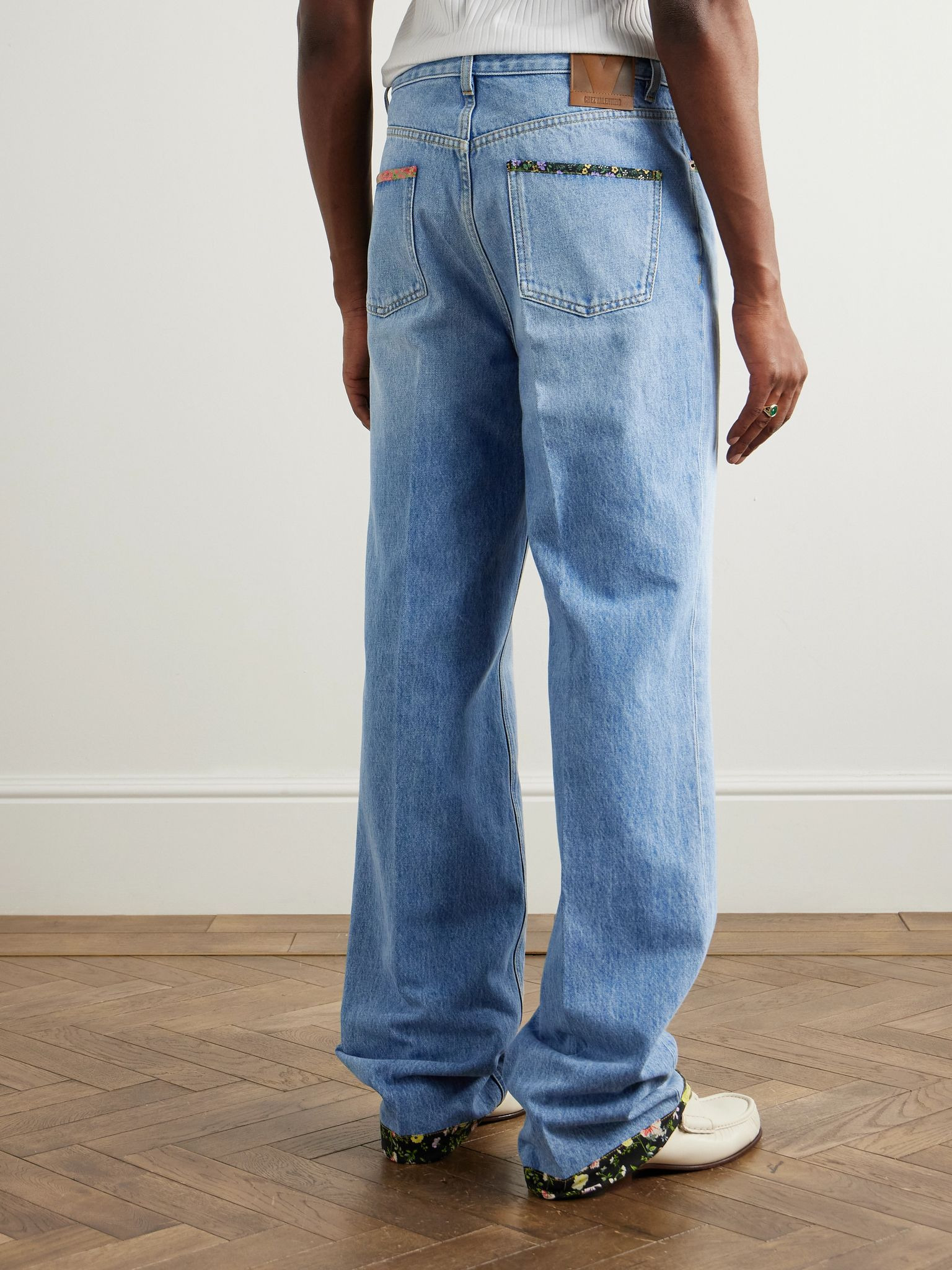 Straight-Leg Floral-Trimmed Jeans Blue - 4