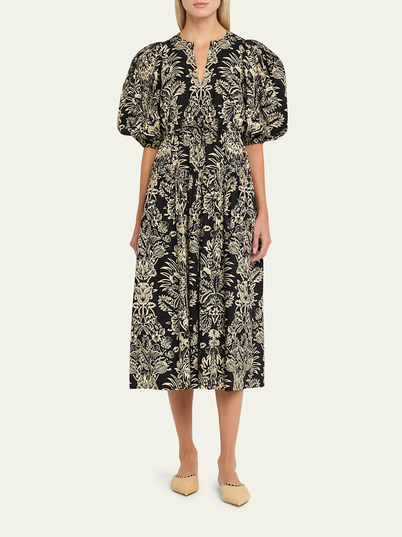 ULLA JOHNSON Harriet Floral Poplin Puff-Sleeve Midi Dress outlook