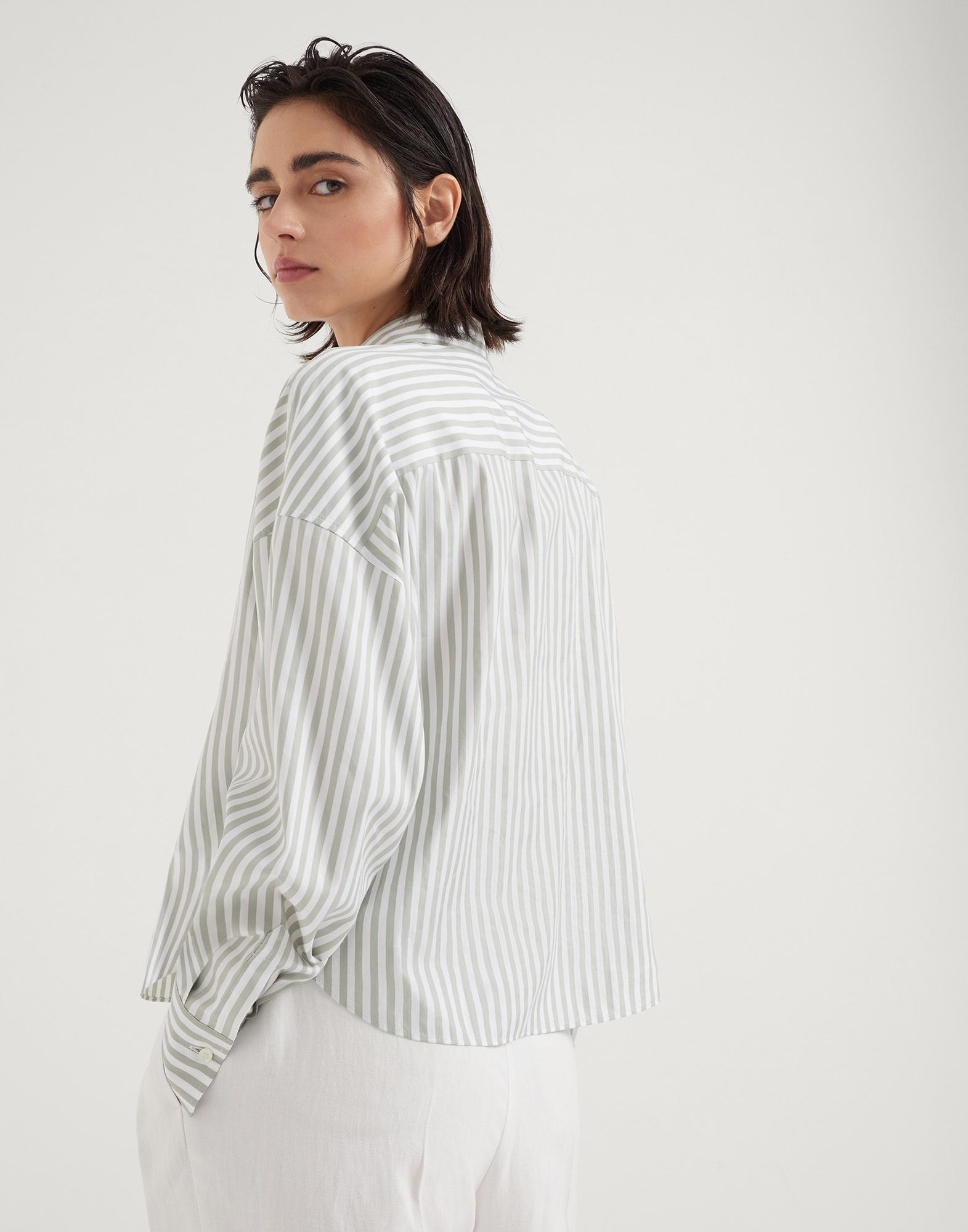 Cotton and silk striped poplin shirt with shiny collar - 2