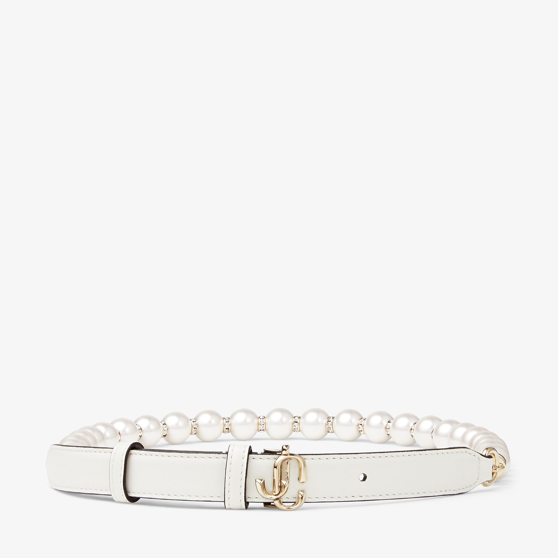JC Chain
Latte Leather Waist Belt with Pearls and Gold JC Emblem - 1