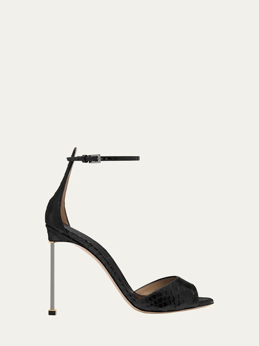 105mm Croc-Embossed Leather Ankle-Strap Sandals - 1