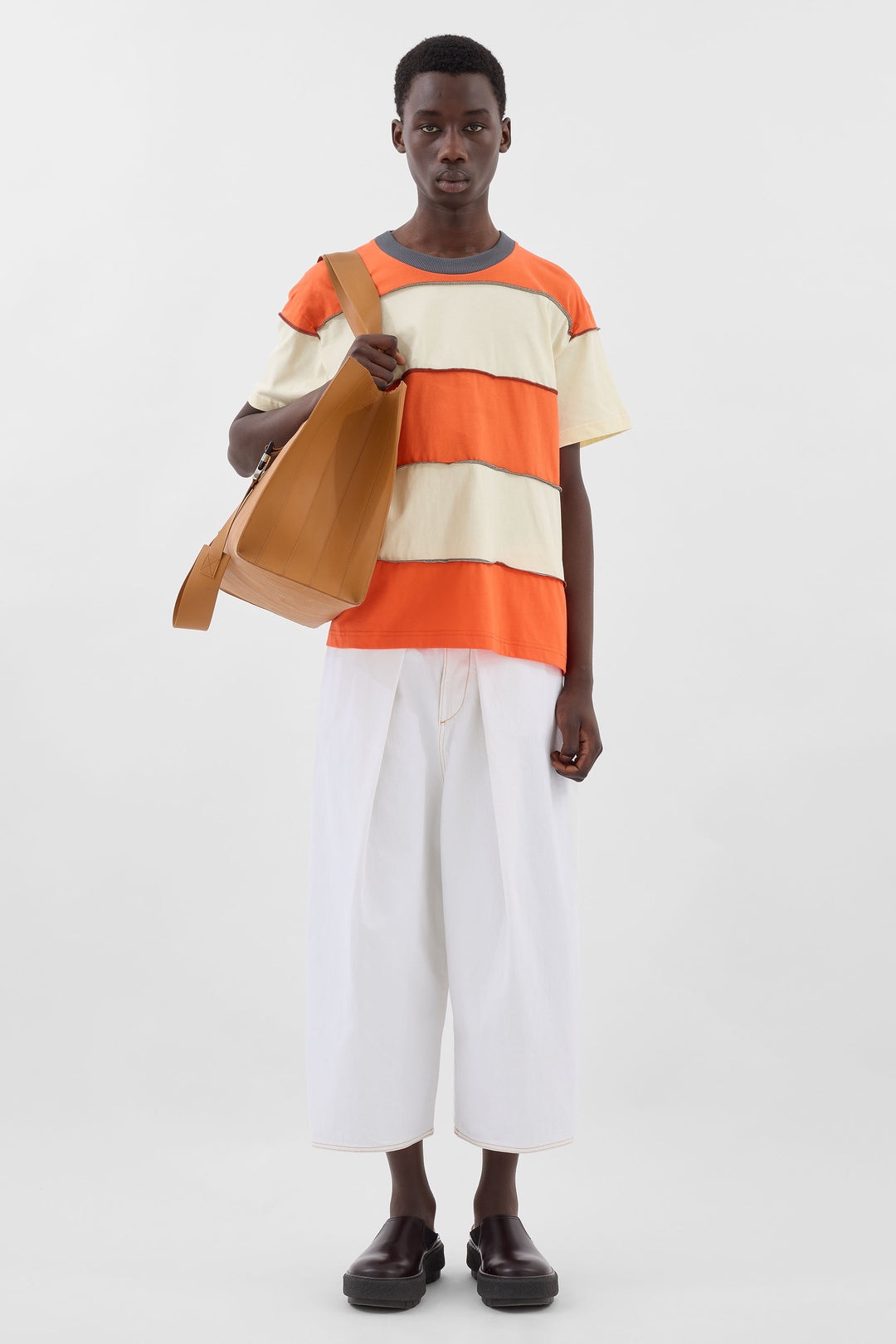 STRIPED T-SHIRT W/ CUTS / off white & orange - 3