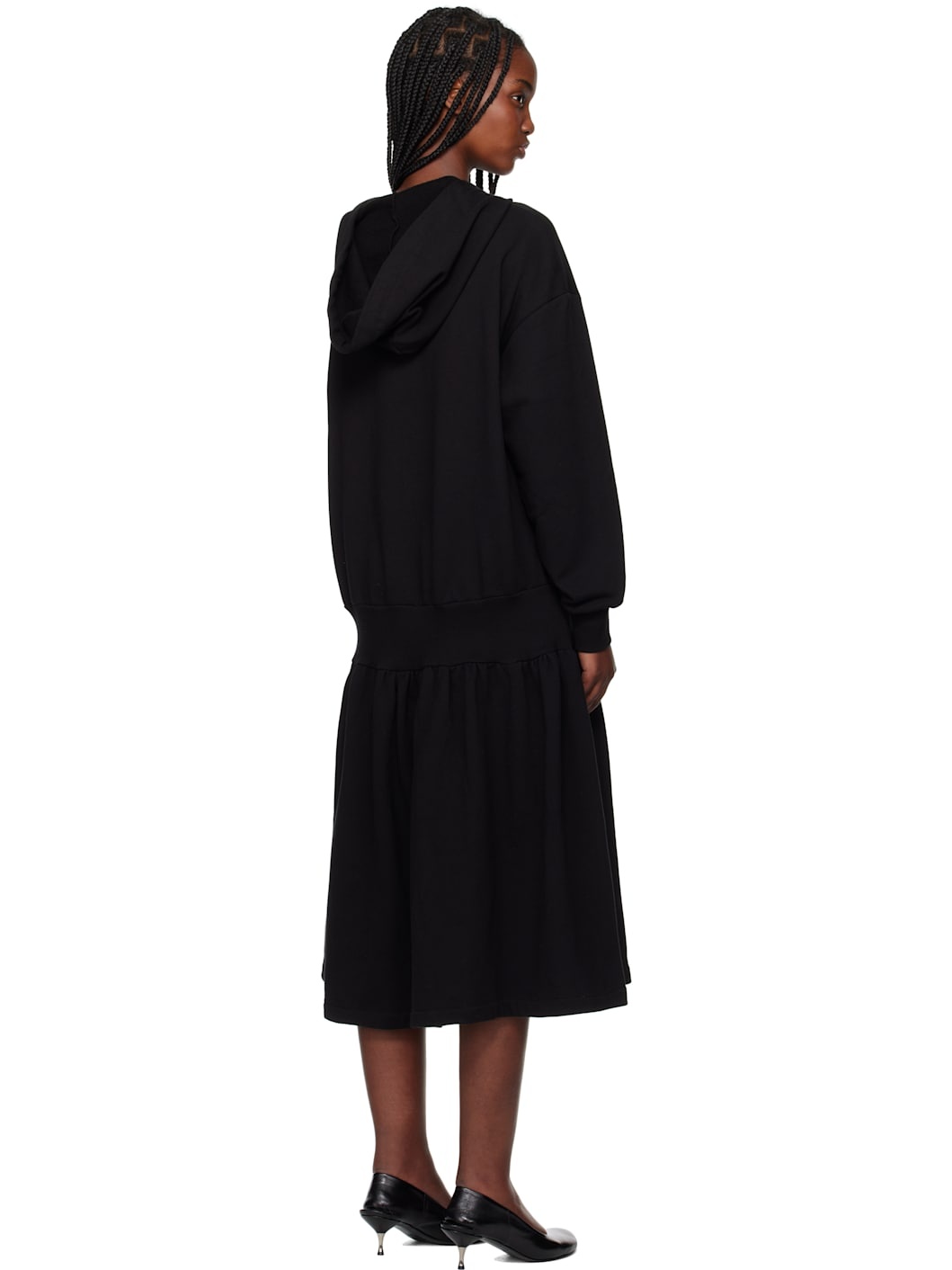 Black Jersey Shirring Hoodie Midi Dress - 3