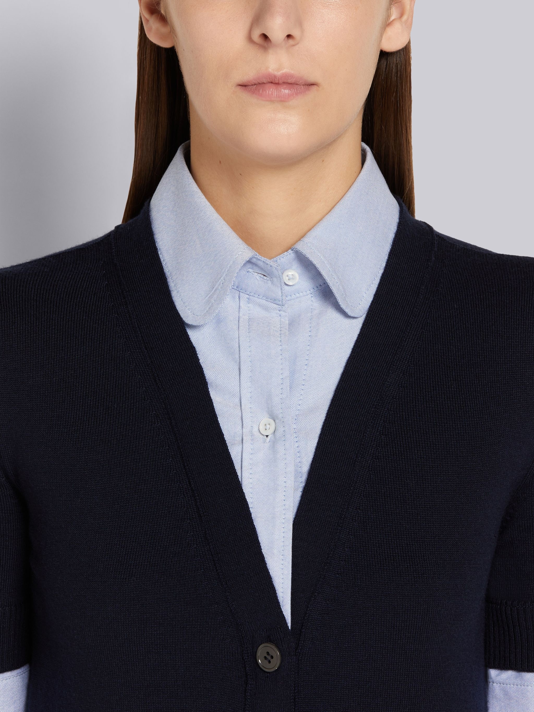 Light Blue Oxford and Fine Merino Wool V-Neck Pullover Combo Shirtdress - 4