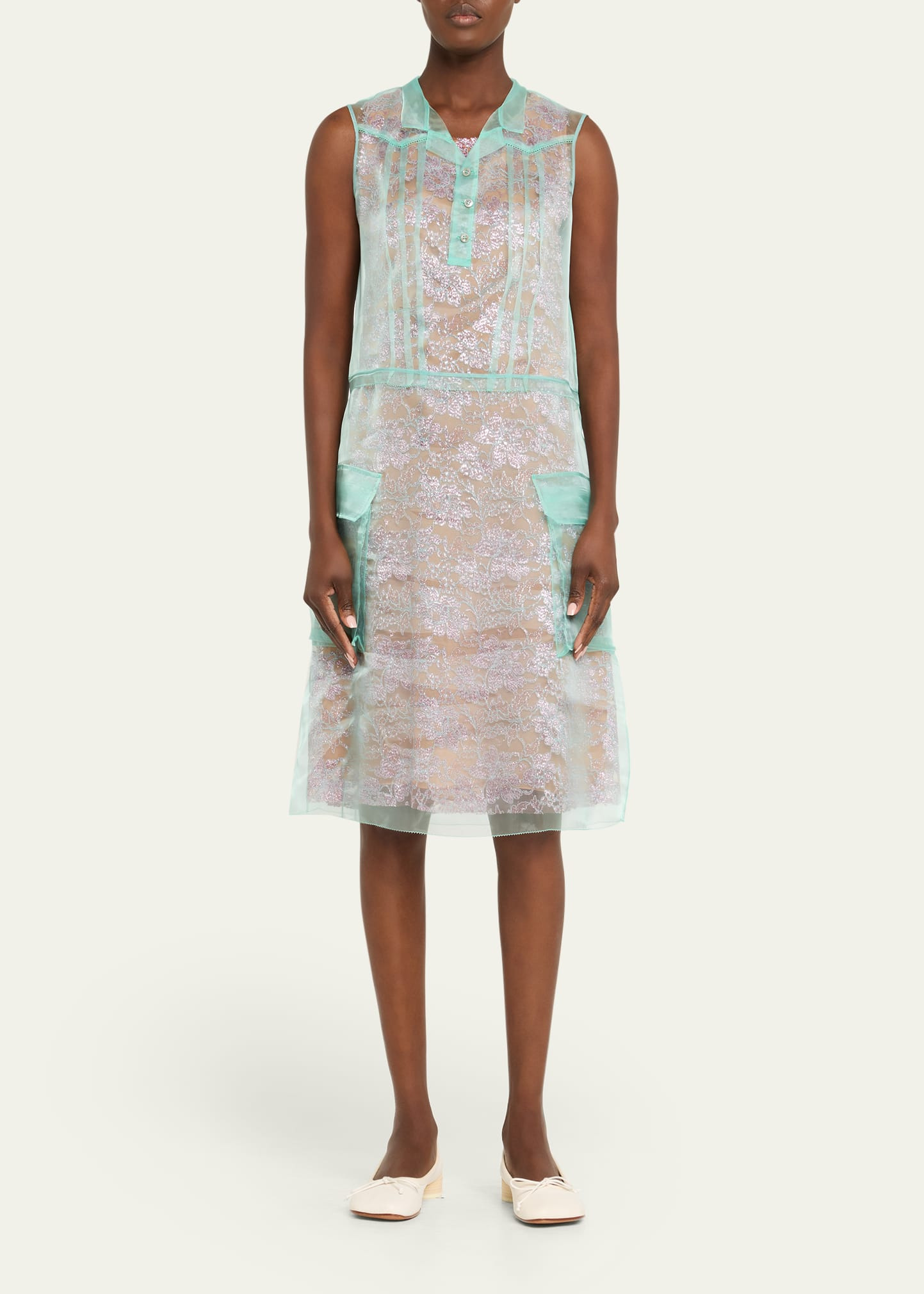 Sleeveless Metallic Lace Layered Shirtdress - 2