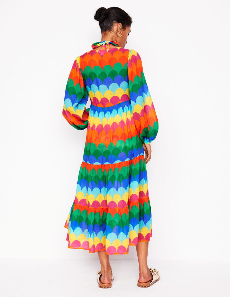 V-Neck Tiered Cotton Kaftan-Multi, Scallop Stripe 5
