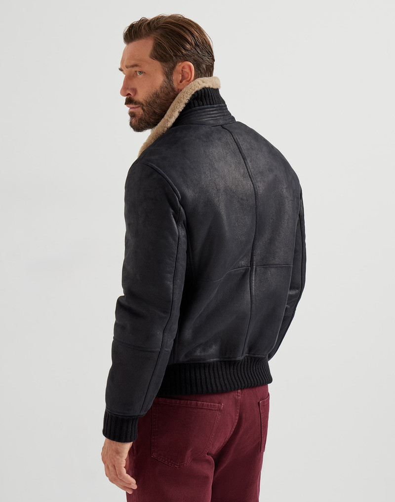 Brunello Cucinelli Nubuck-effect shearling bomber jacket with cashmere knit collar outlook