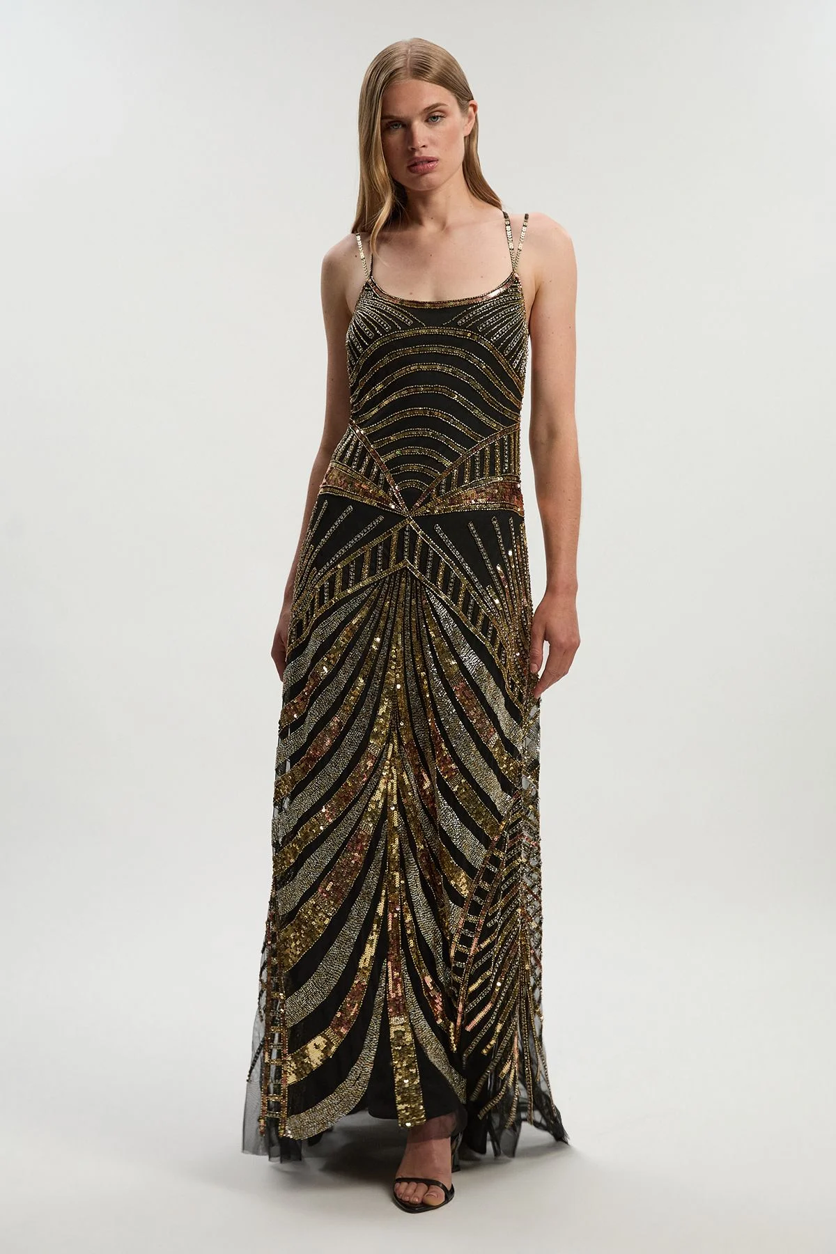 Premium Mirrored Crystal Embellished Woven Prom Dress - 1