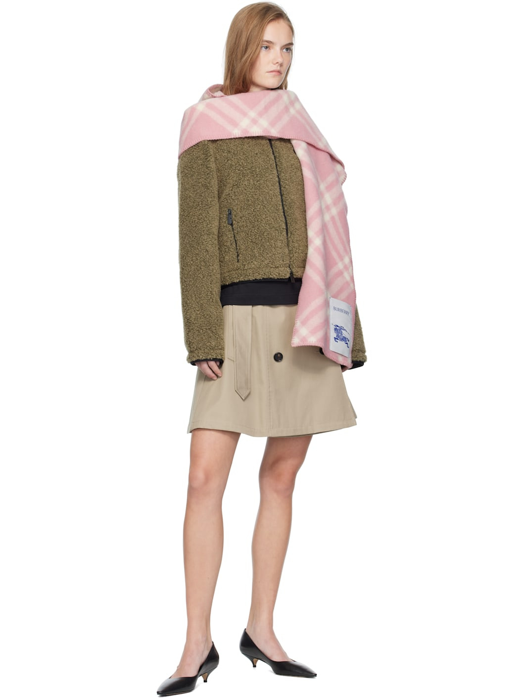 Pink & Off-White Check Hooded Scarf - 3