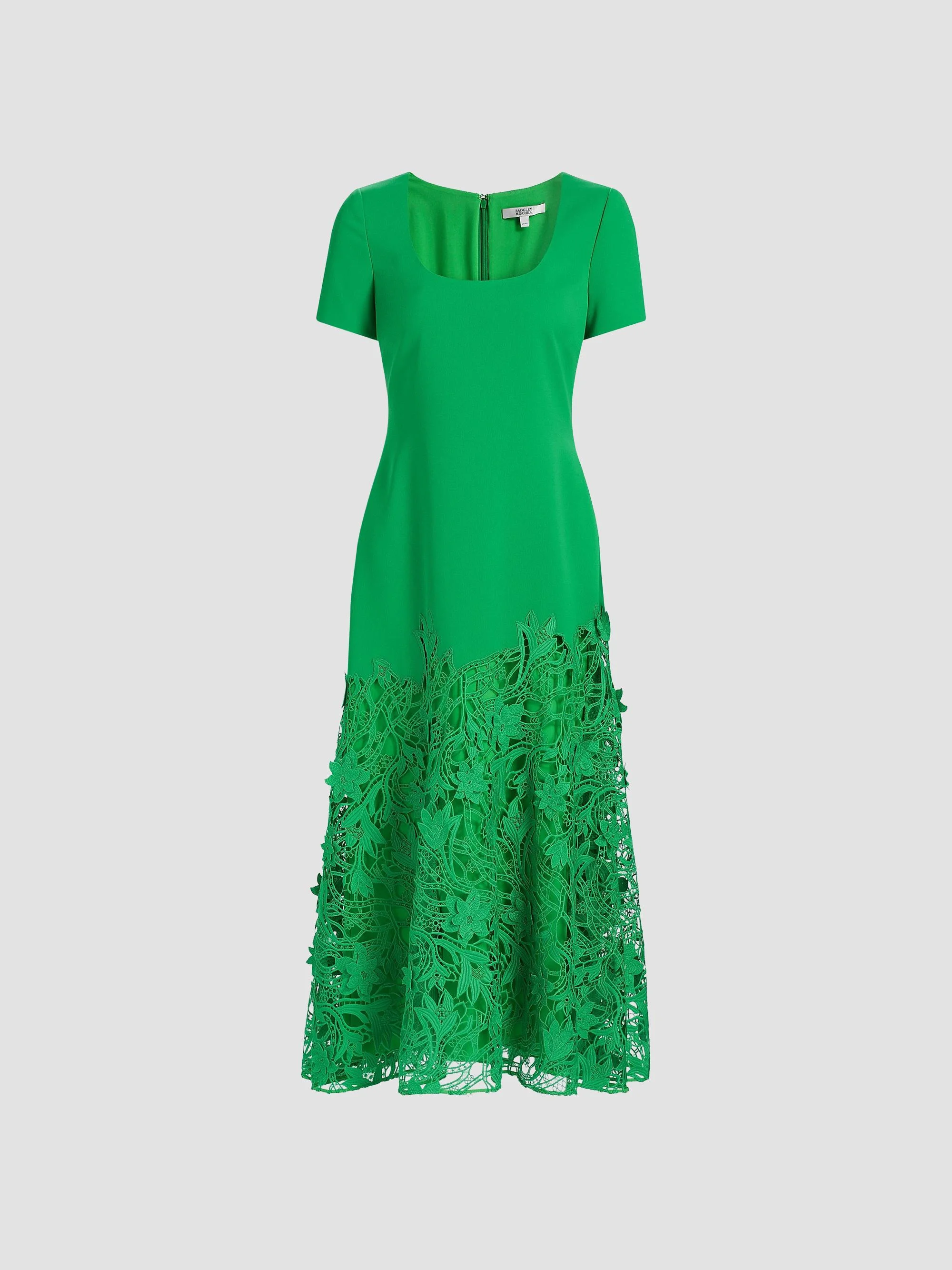 Women's Crepe Guipure Lace Cocktail Dress - Emerald - 1