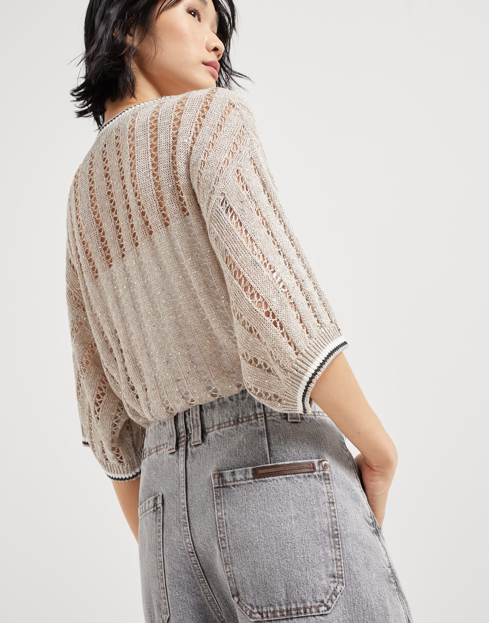 Authentic denim curved trousers with monili - 3