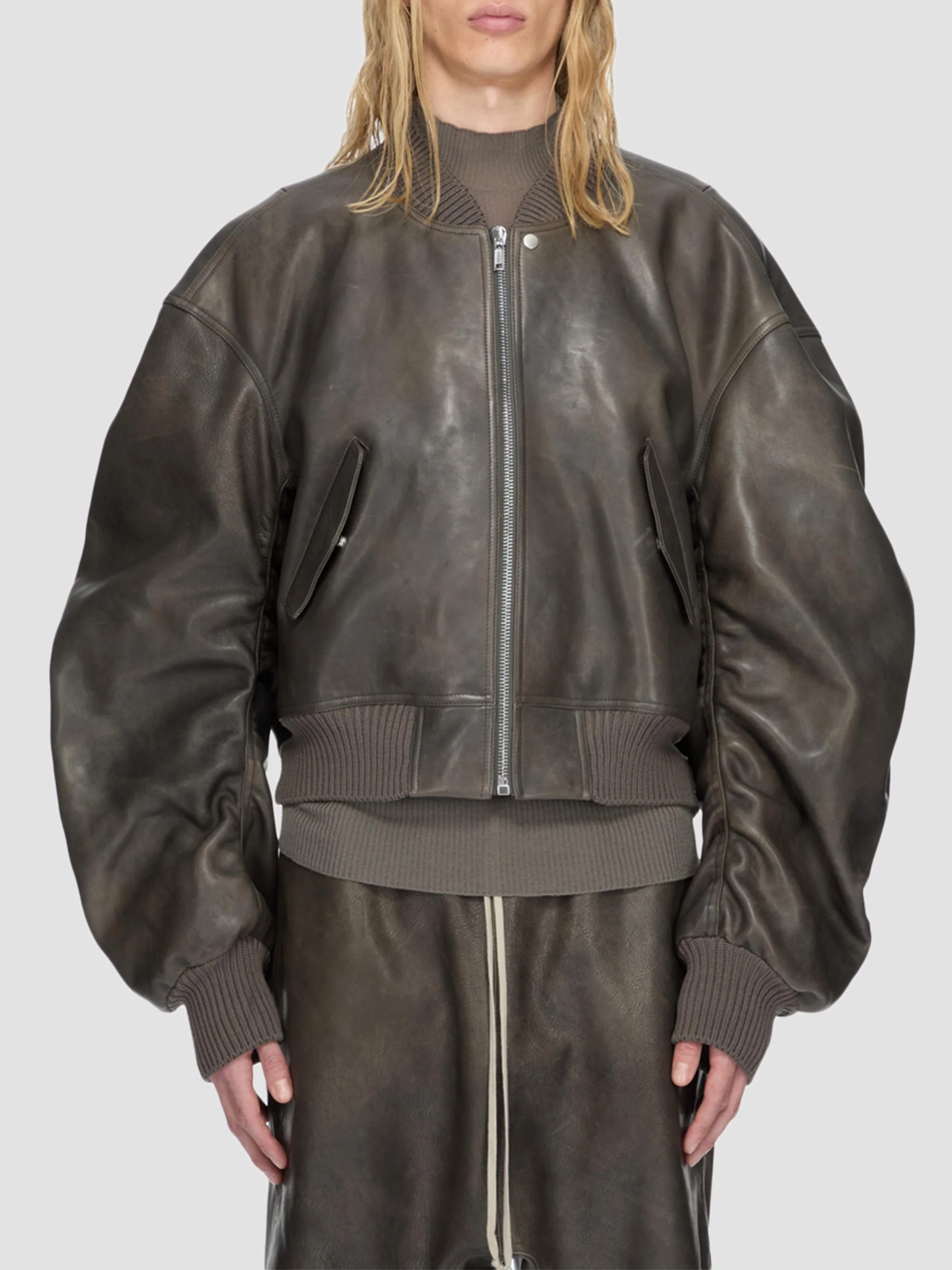 Men's Secchia Flight Leather Bomber Jacket - Washed Black - 1