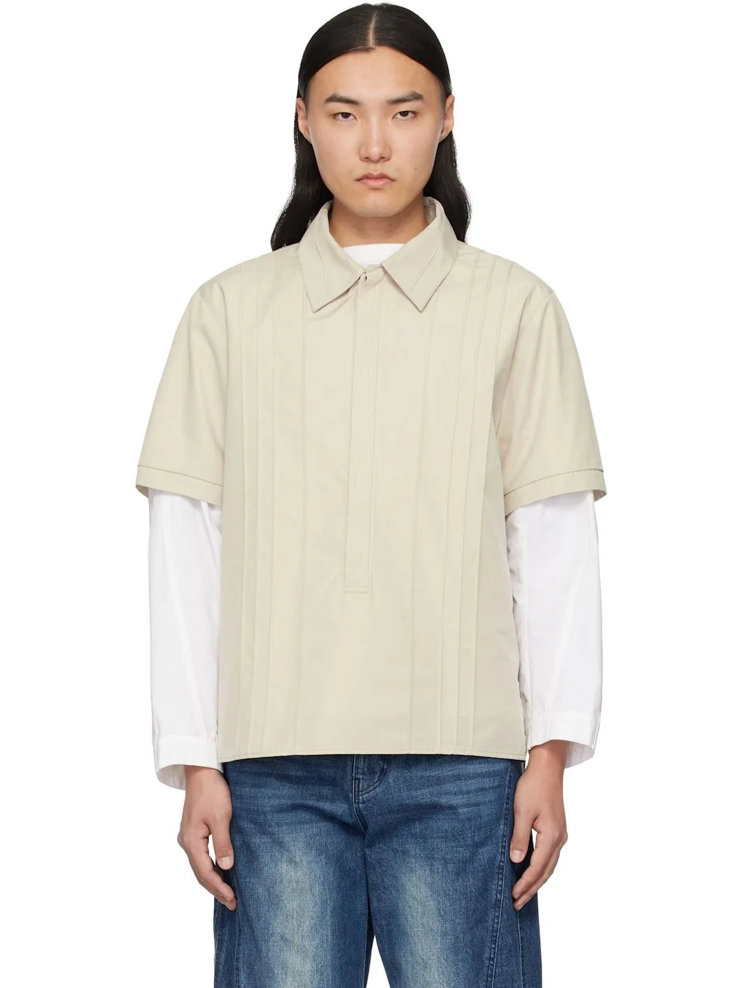 Beige Pin Tuck Shirt - 1