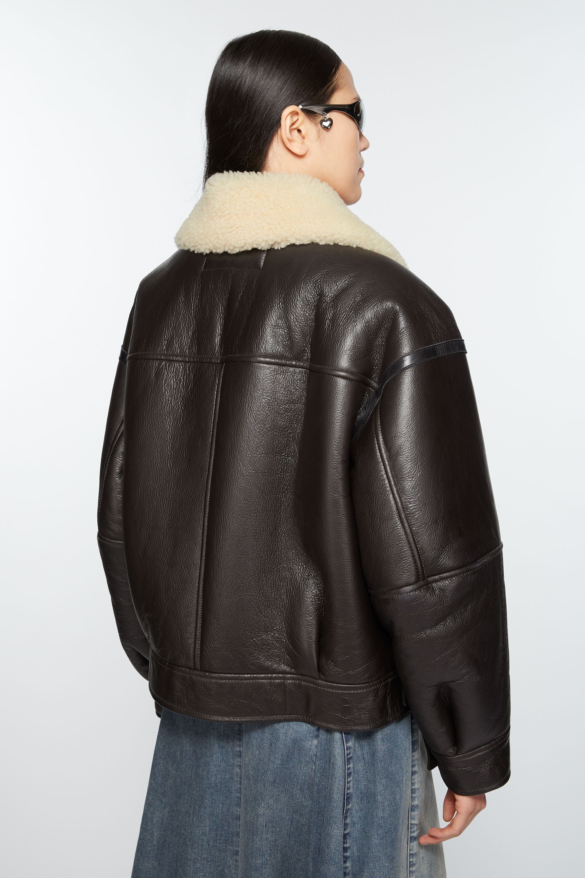Leather shearling jacket - Dark brown/beige - 4