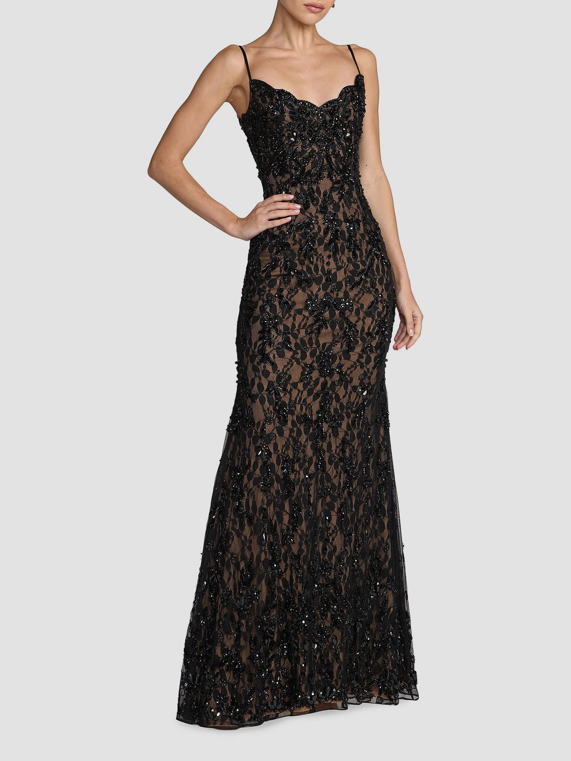 Women's Beaded Lace Trumpet Gown - Black Beige - 1