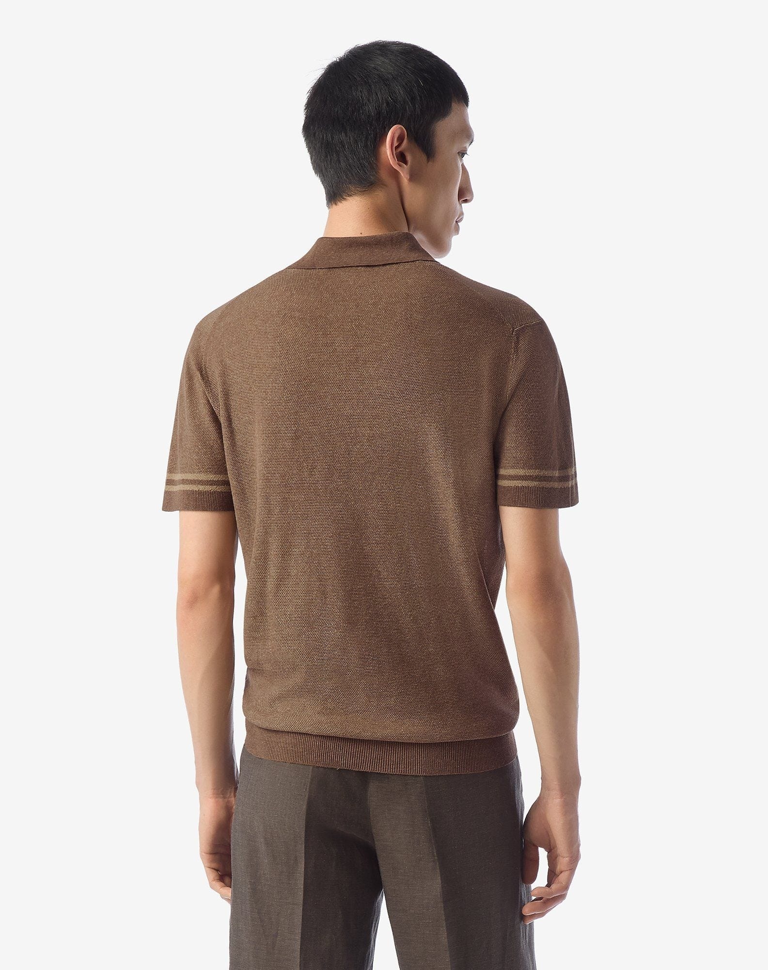 Brown button-up linen and silk polo shirt - 3