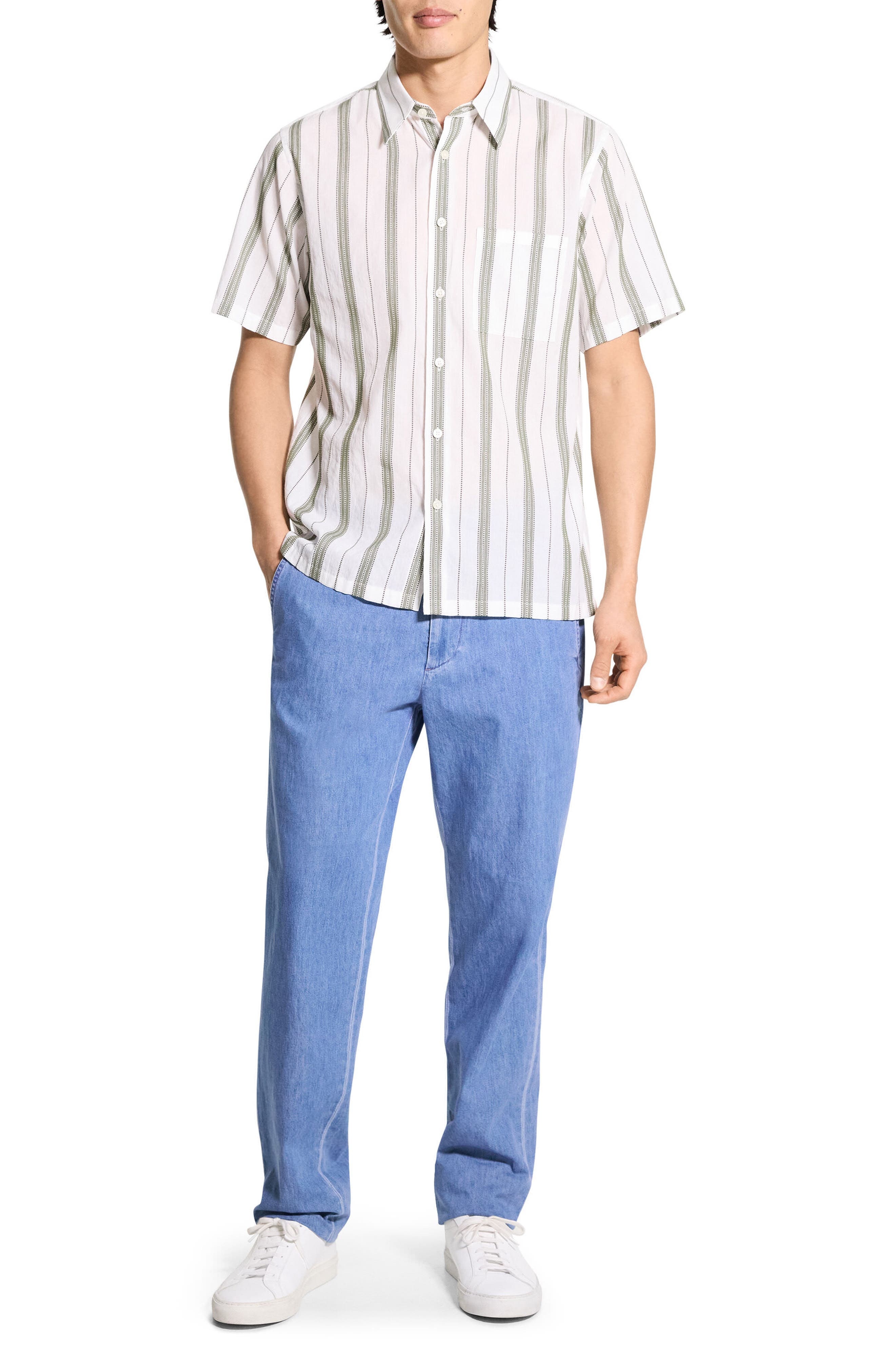 Theory Noll Summer Dobby Short Sleeve Button-Up Shirt in Ivory/Orchard at Nordstrom - 6
