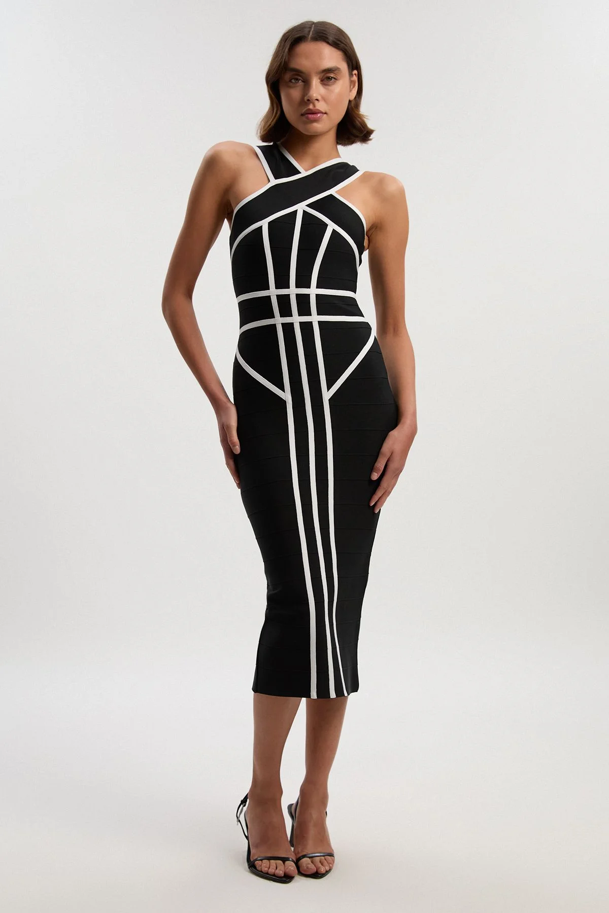 Bandage Knit Contrast Cross Front Dress - 1