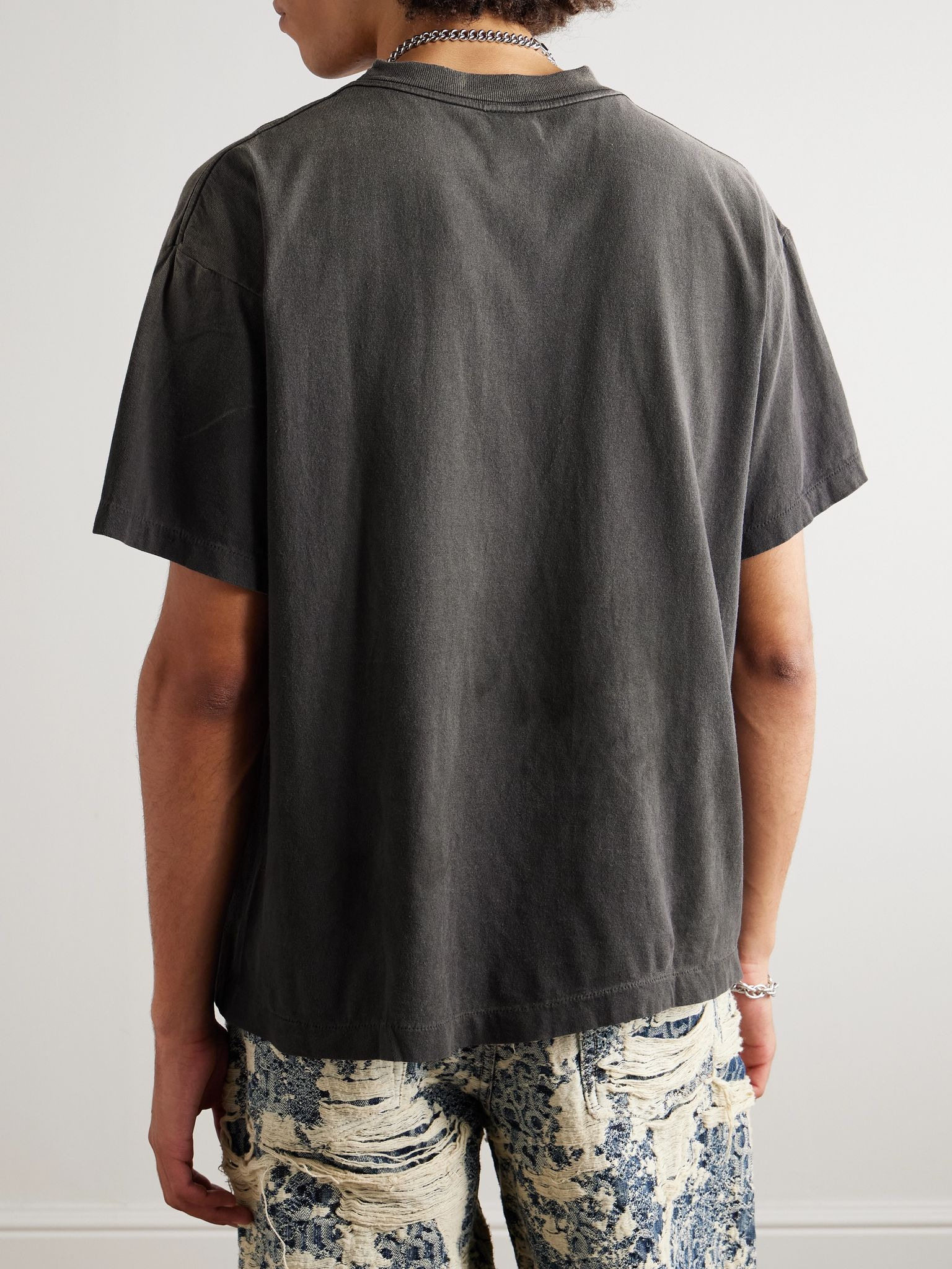 + Neighborhood Distressed Paint-Splattered Printed Cotton-Jersey T-Shirt Gray - 4