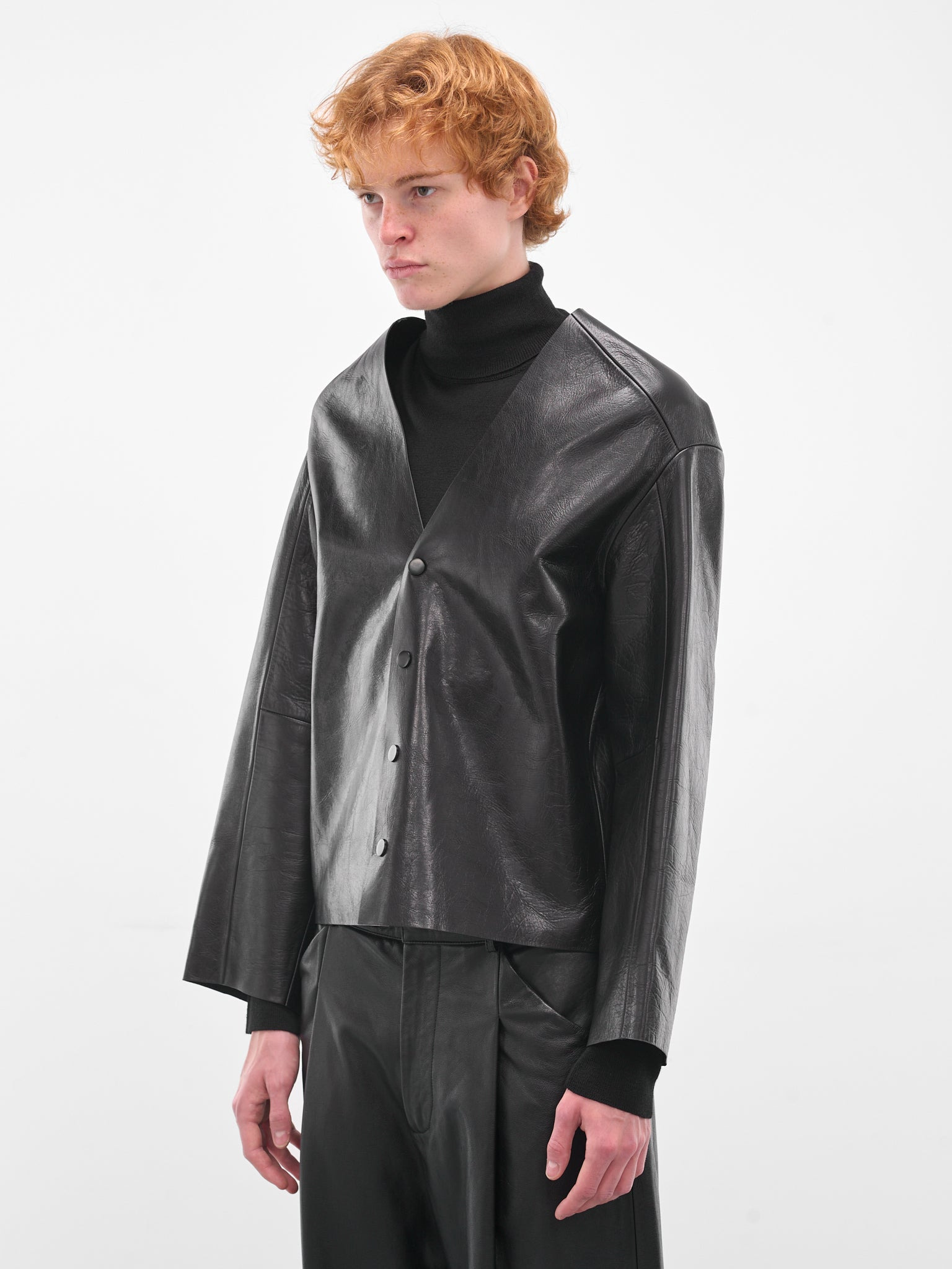 Black Minimalist Leather Boxy Jacket - 2