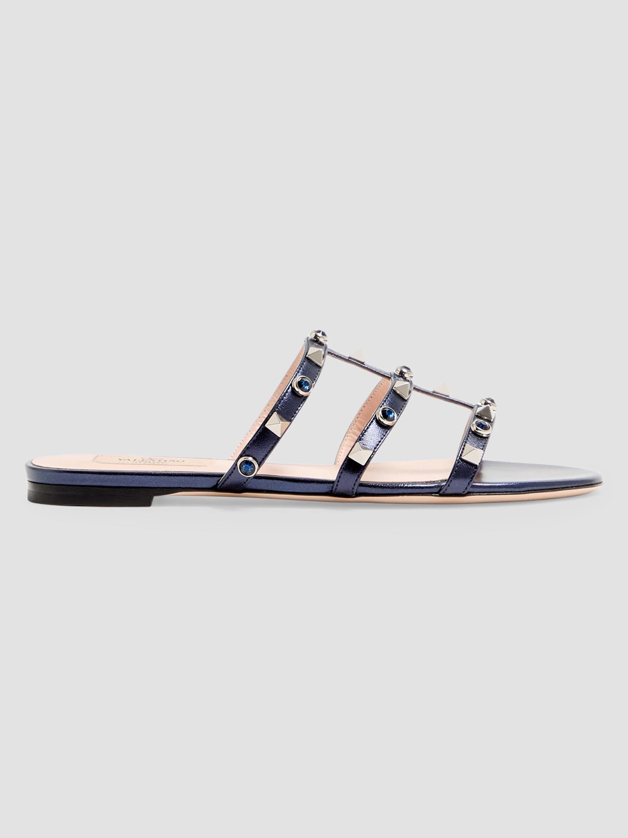 Women's Rockstud Slide Sandals in Laminated Nappa with Cabochon - Navy - 1