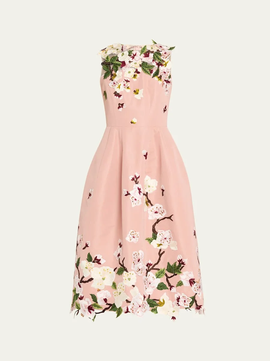 Cherry Blossom Embroidered Faille Sleeveless Cocktail Dress - 1