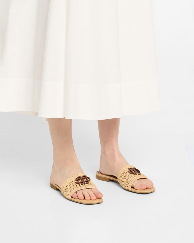 SIMKHAI Delphi Raffia Monogram Flat Slide Sandals outlook