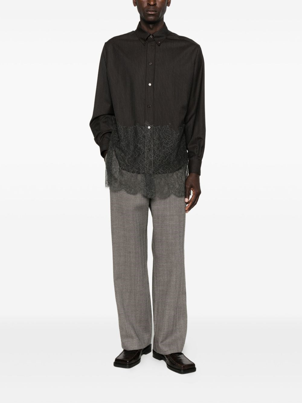 Black pinstriped wool shirt with lace - 4