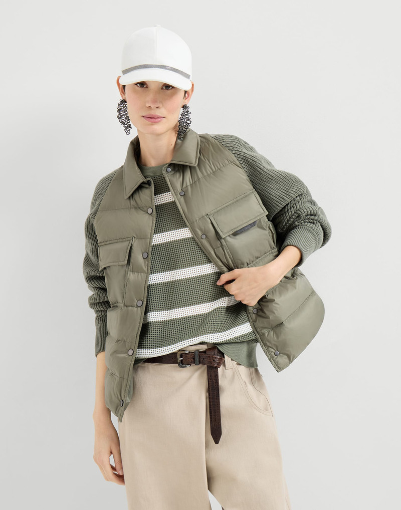 Water-resistant matte nylon down jacket with virgin wool, cashmere and silk knit sleeves and shiny z 5