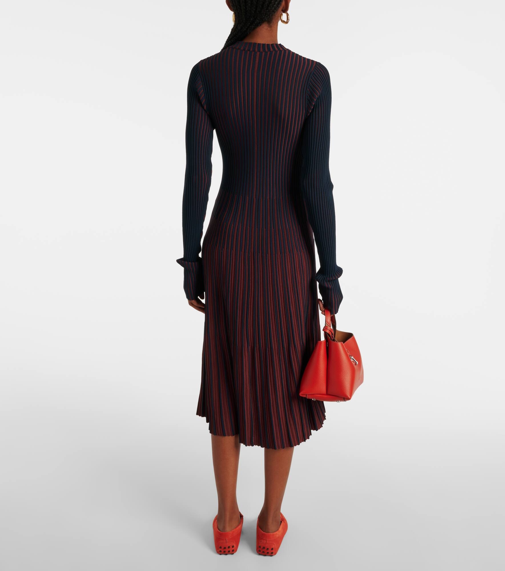 Striped ribbed-knit pleated midi dress - 3